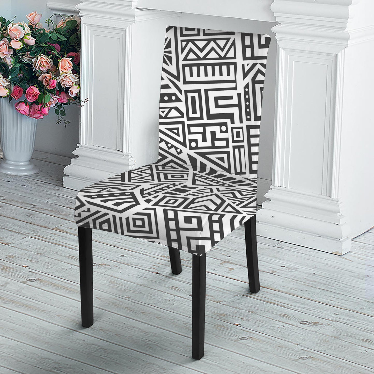 Grey And White Aztec Pattern Print Dining Chair Slipcover