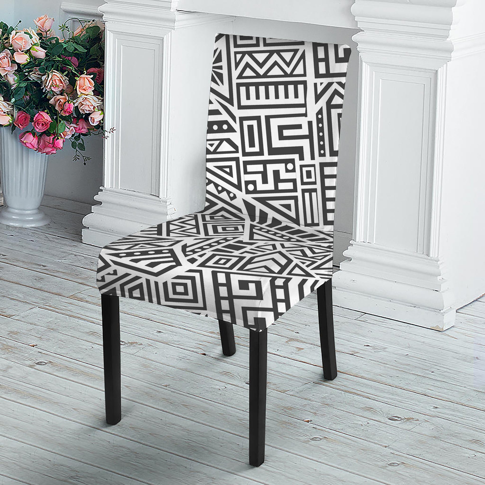 Grey And White Aztec Pattern Print Dining Chair Slipcover