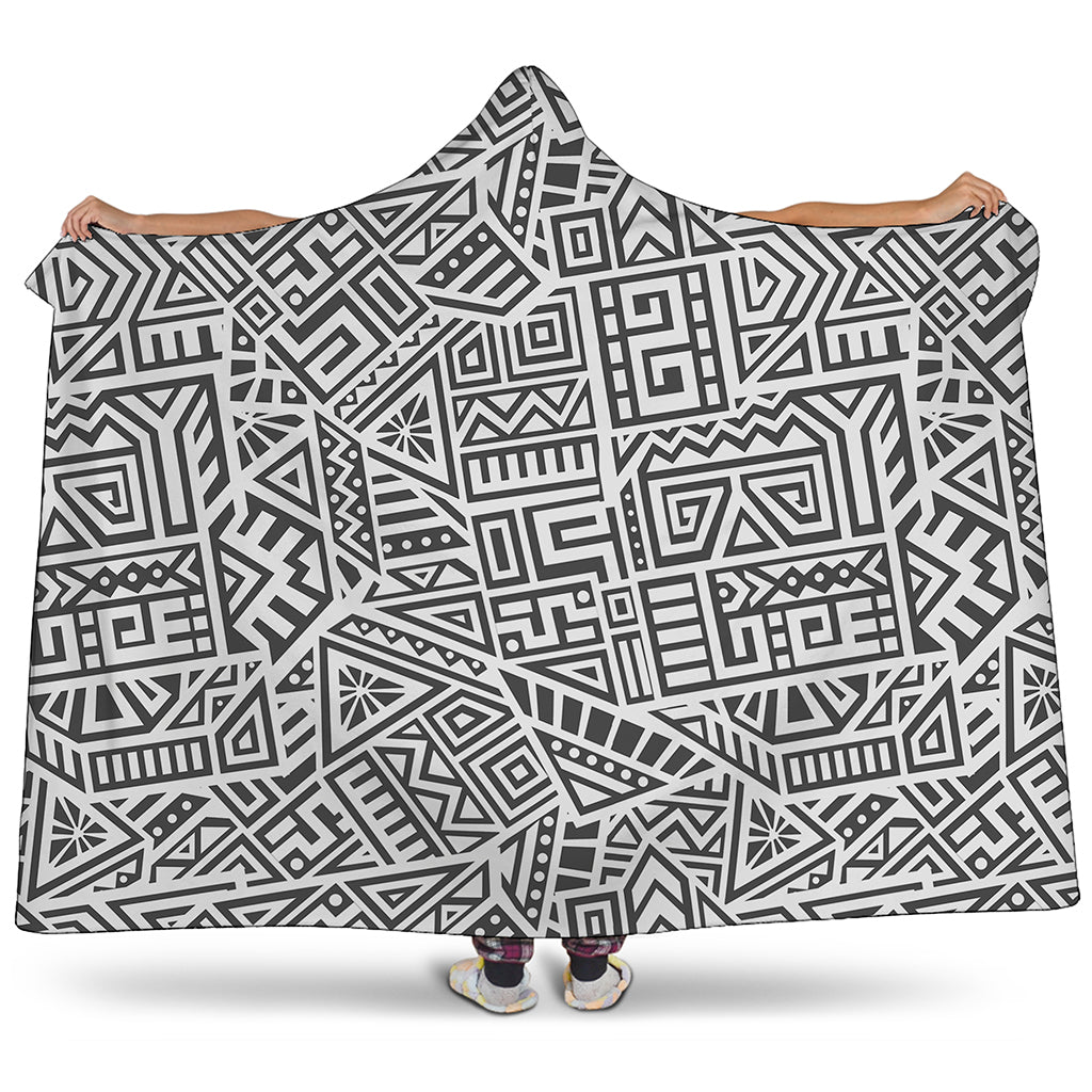 Grey And White Aztec Pattern Print Hooded Blanket