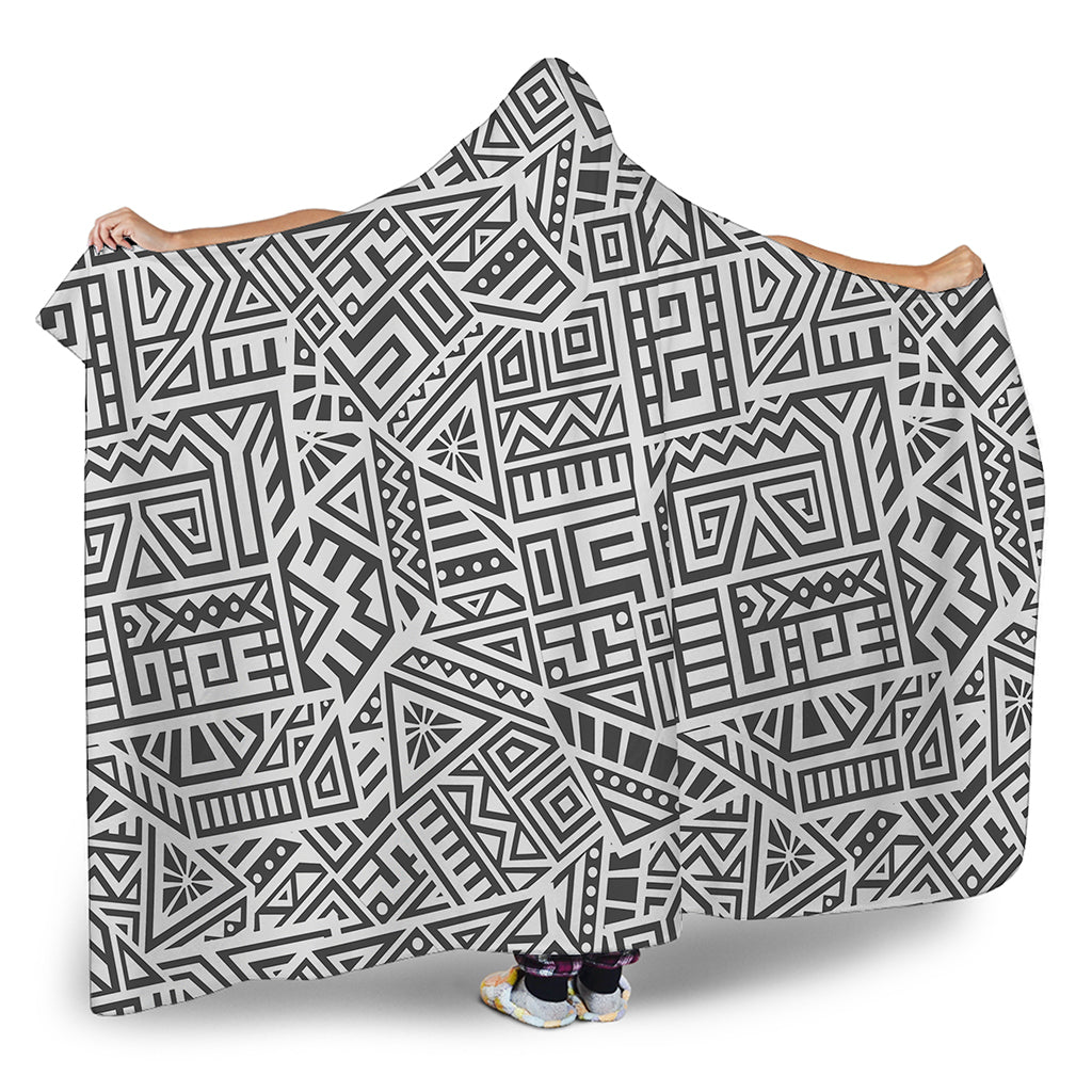 Grey And White Aztec Pattern Print Hooded Blanket