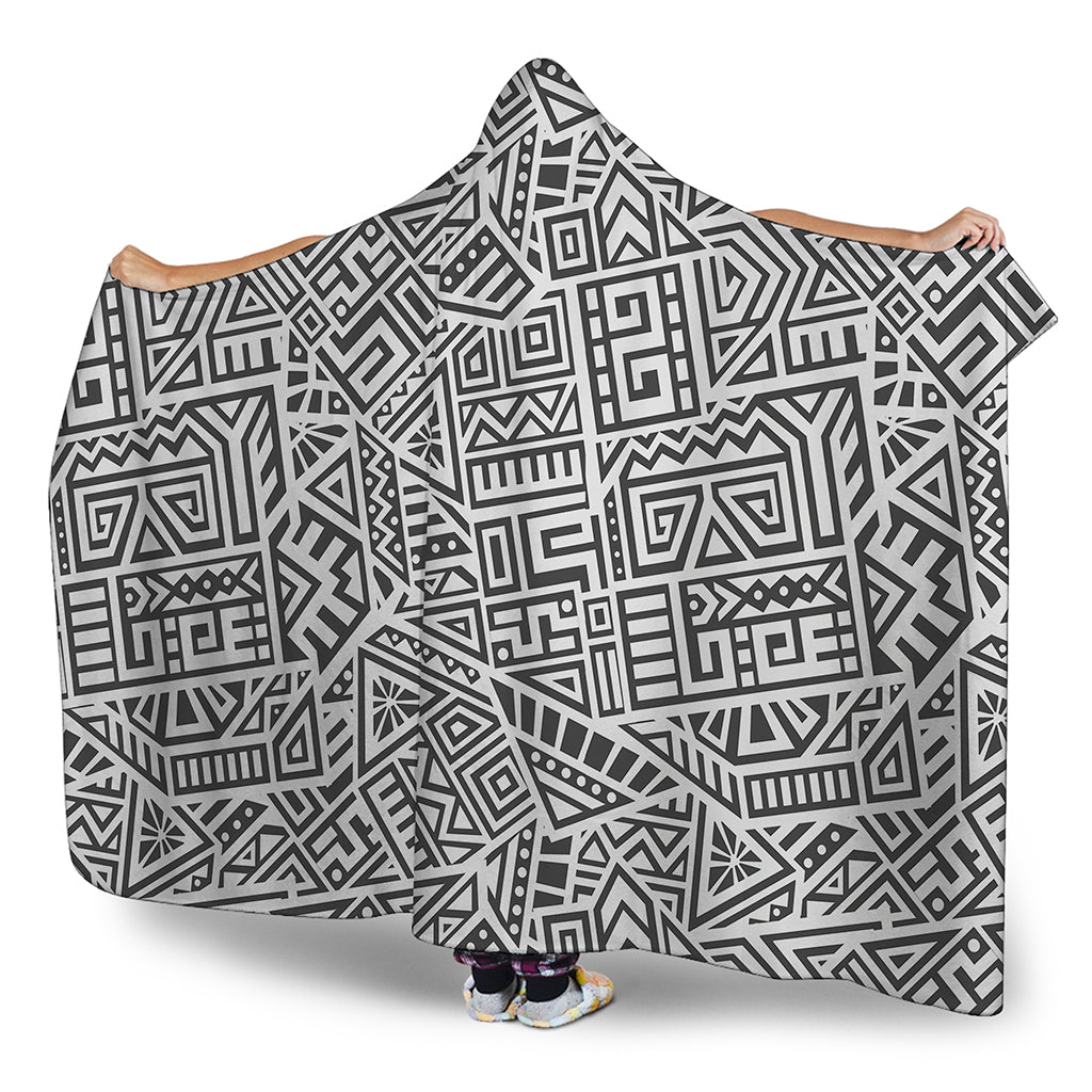 Grey And White Aztec Pattern Print Hooded Blanket