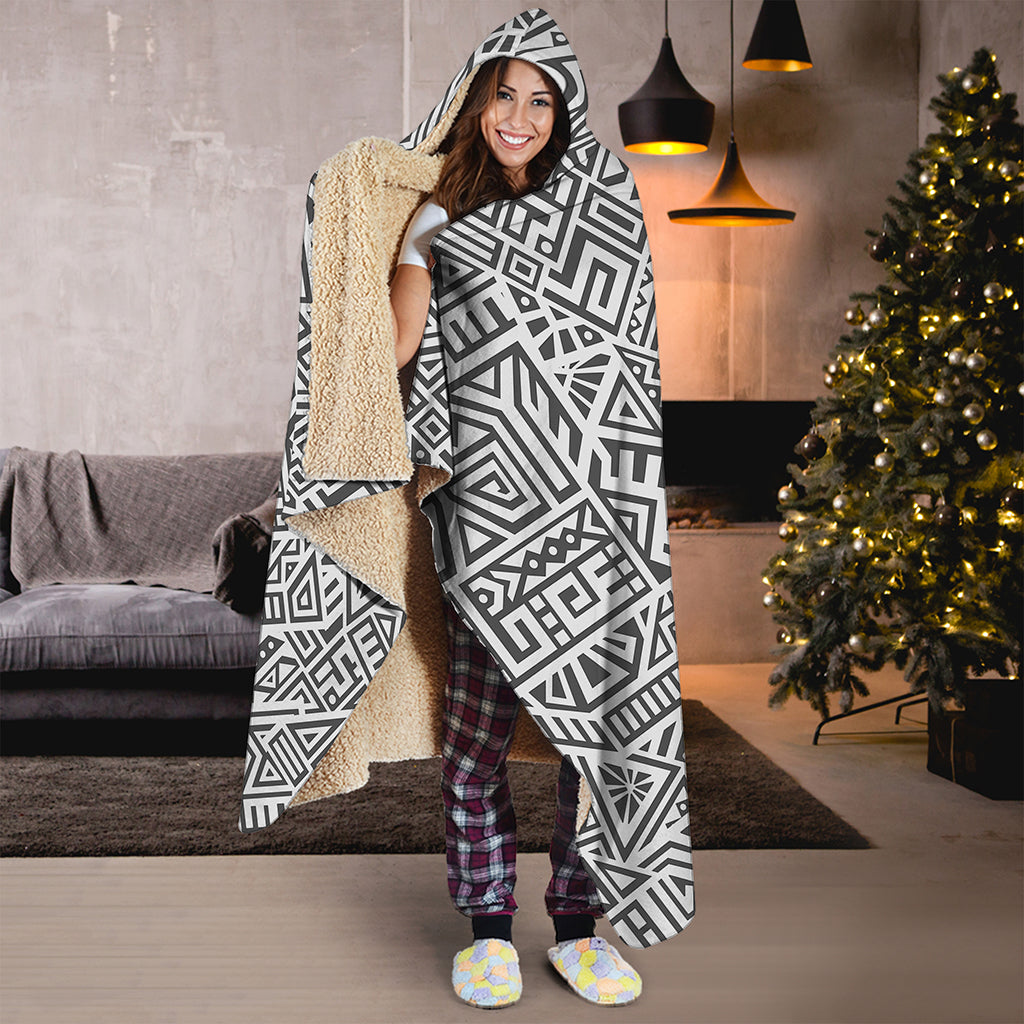 Grey And White Aztec Pattern Print Hooded Blanket