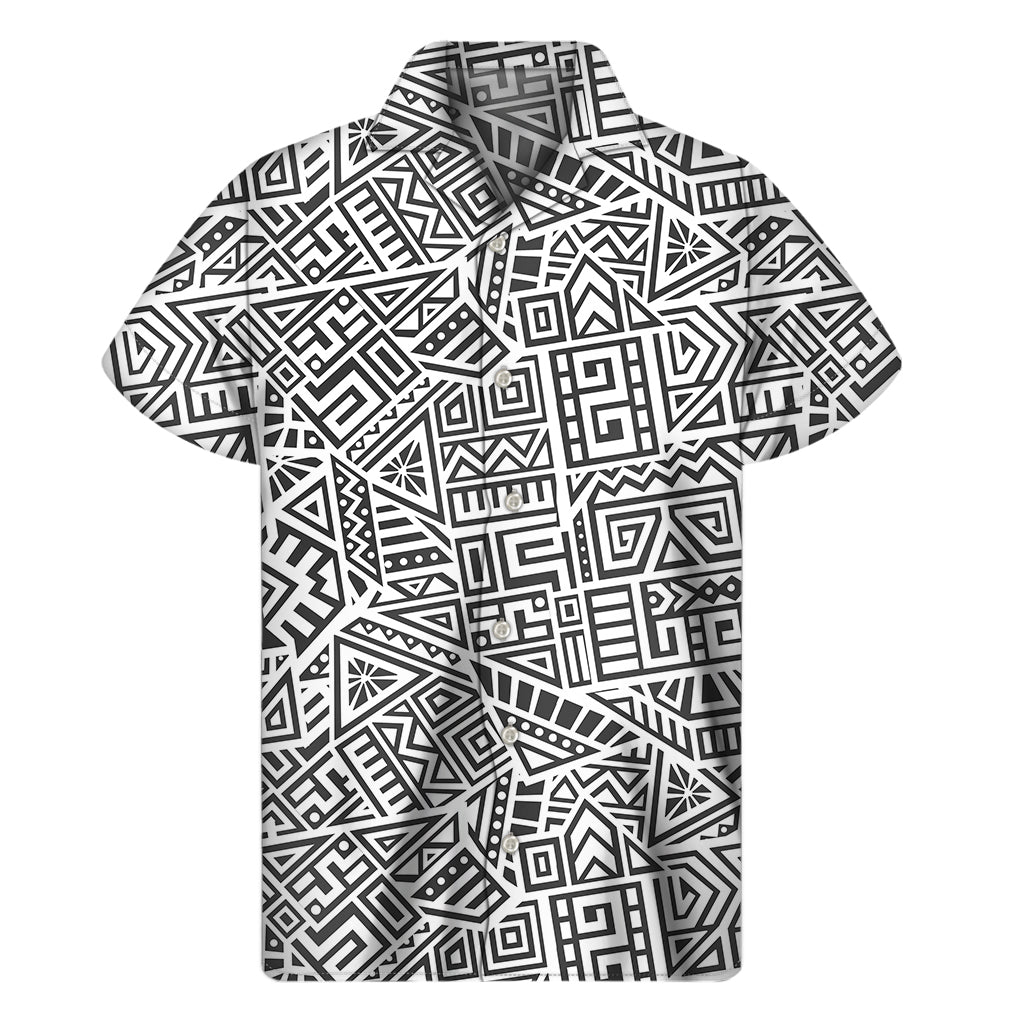 Grey And White Aztec Pattern Print Men's Short Sleeve Shirt