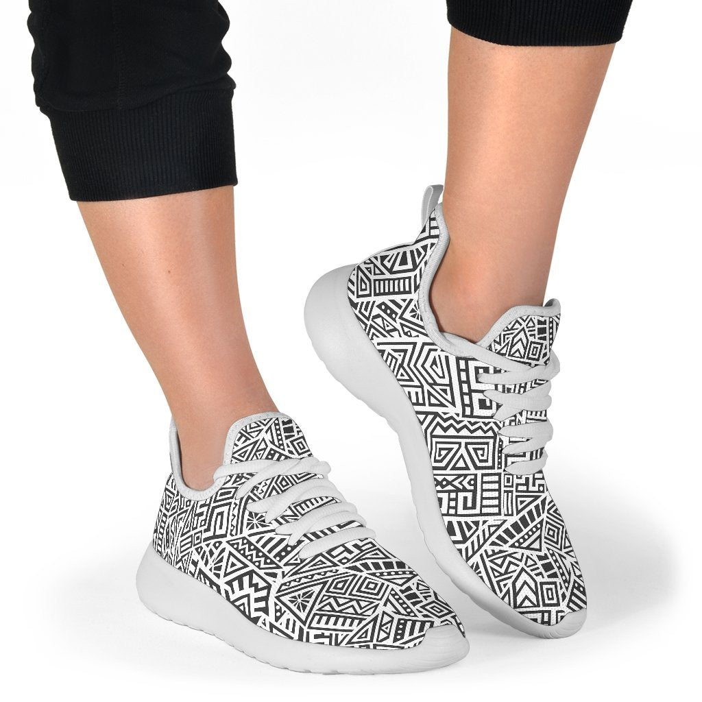 Grey And White Aztec Pattern Print Mesh Knit Shoes GearFrost