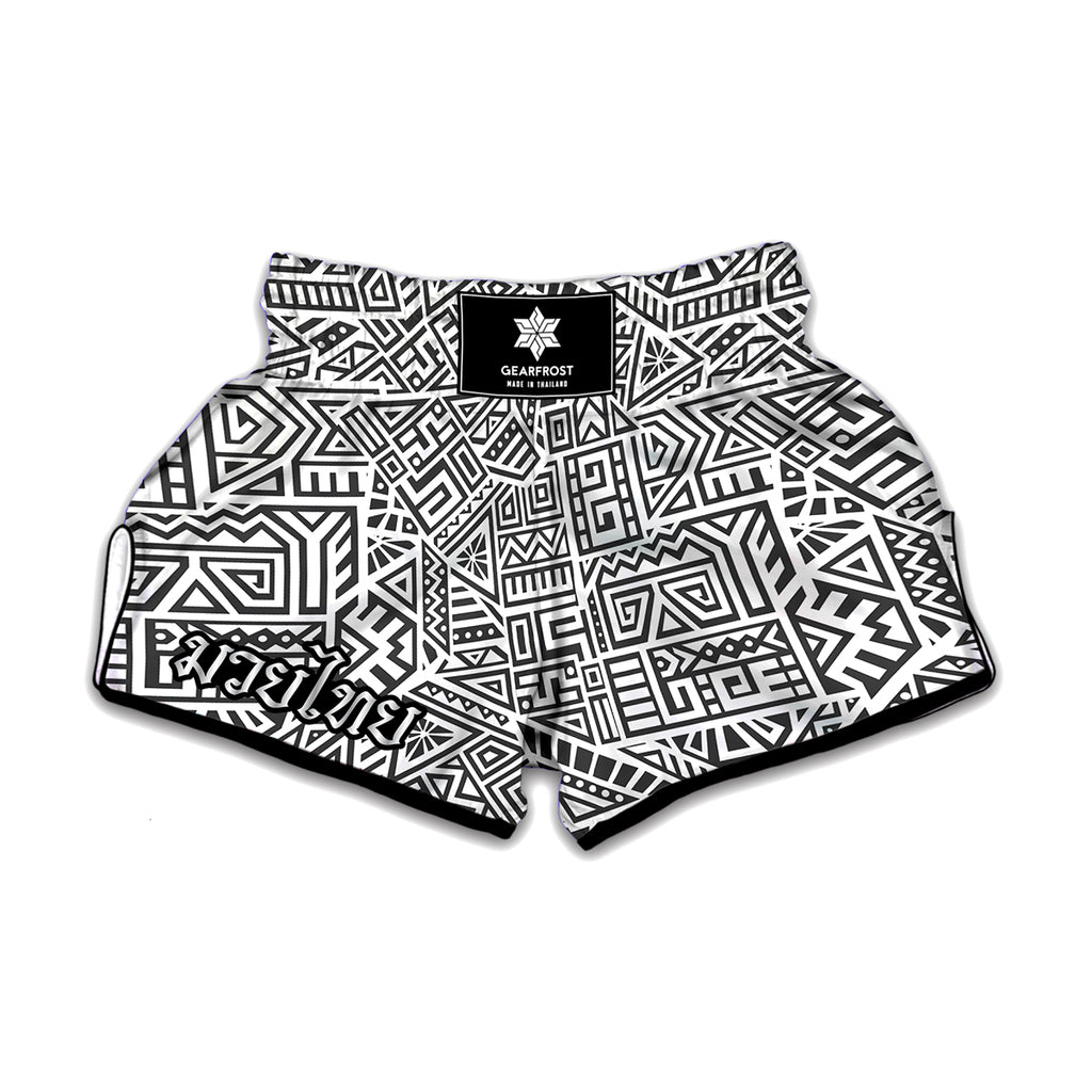 Grey And White Aztec Pattern Print Muay Thai Boxing Shorts