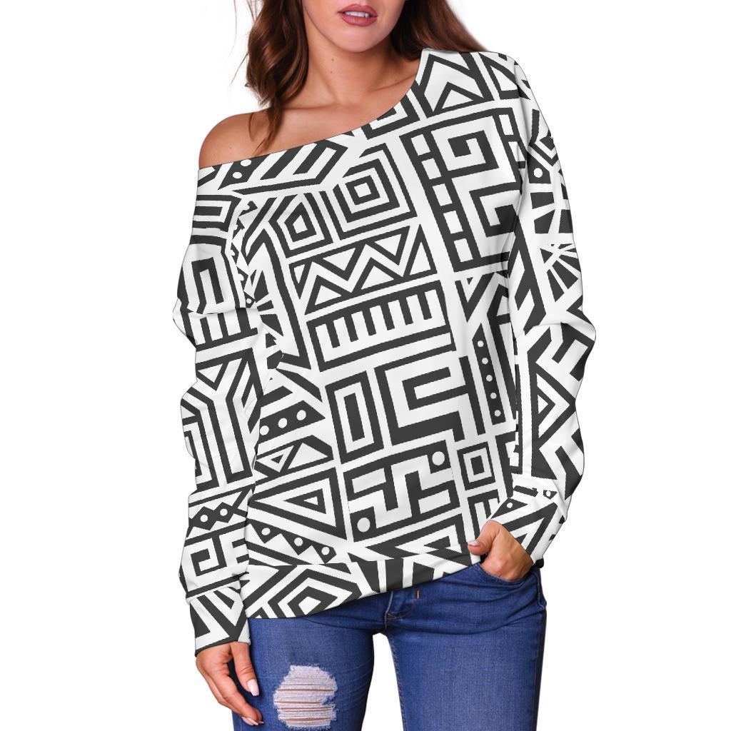 Grey And White Aztec Pattern Print Off Shoulder Sweatshirt GearFrost