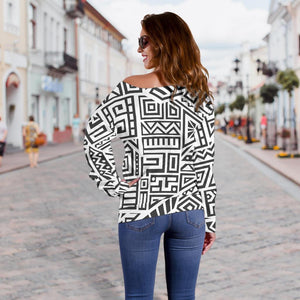 Grey And White Aztec Pattern Print Off Shoulder Sweatshirt GearFrost