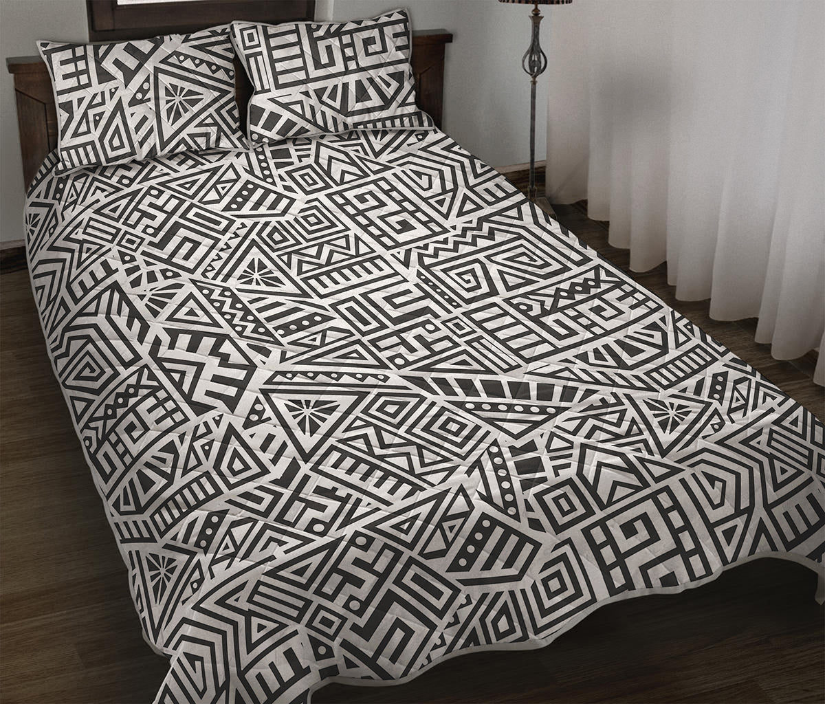 Grey And White Aztec Pattern Print Quilt Bed Set