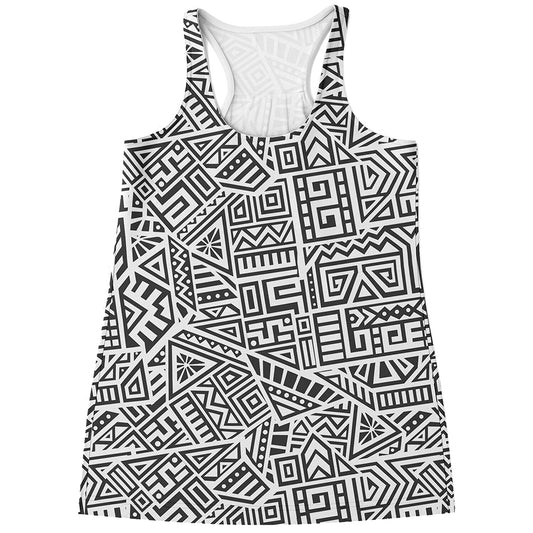 Grey And White Aztec Pattern Print Women's Racerback Tank Top