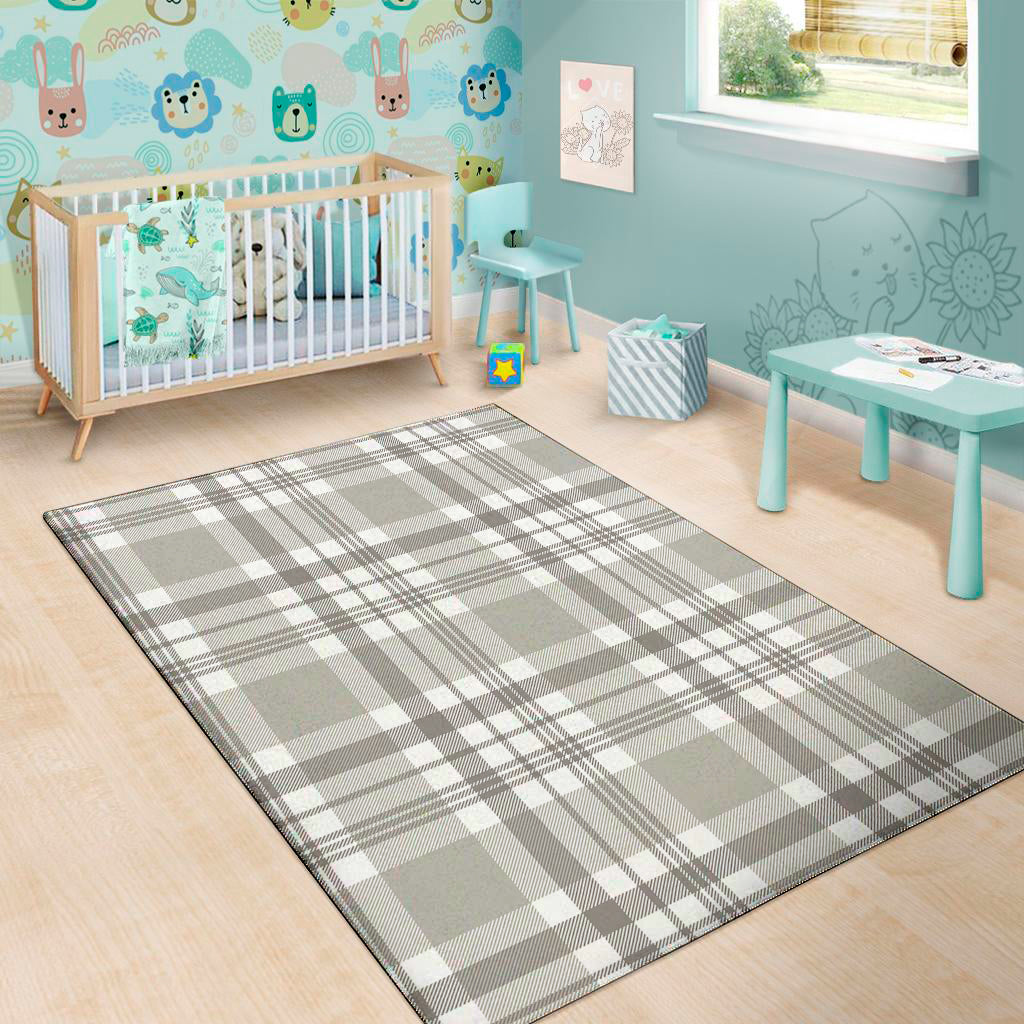 Grey And White Border Tartan Print Area Rug