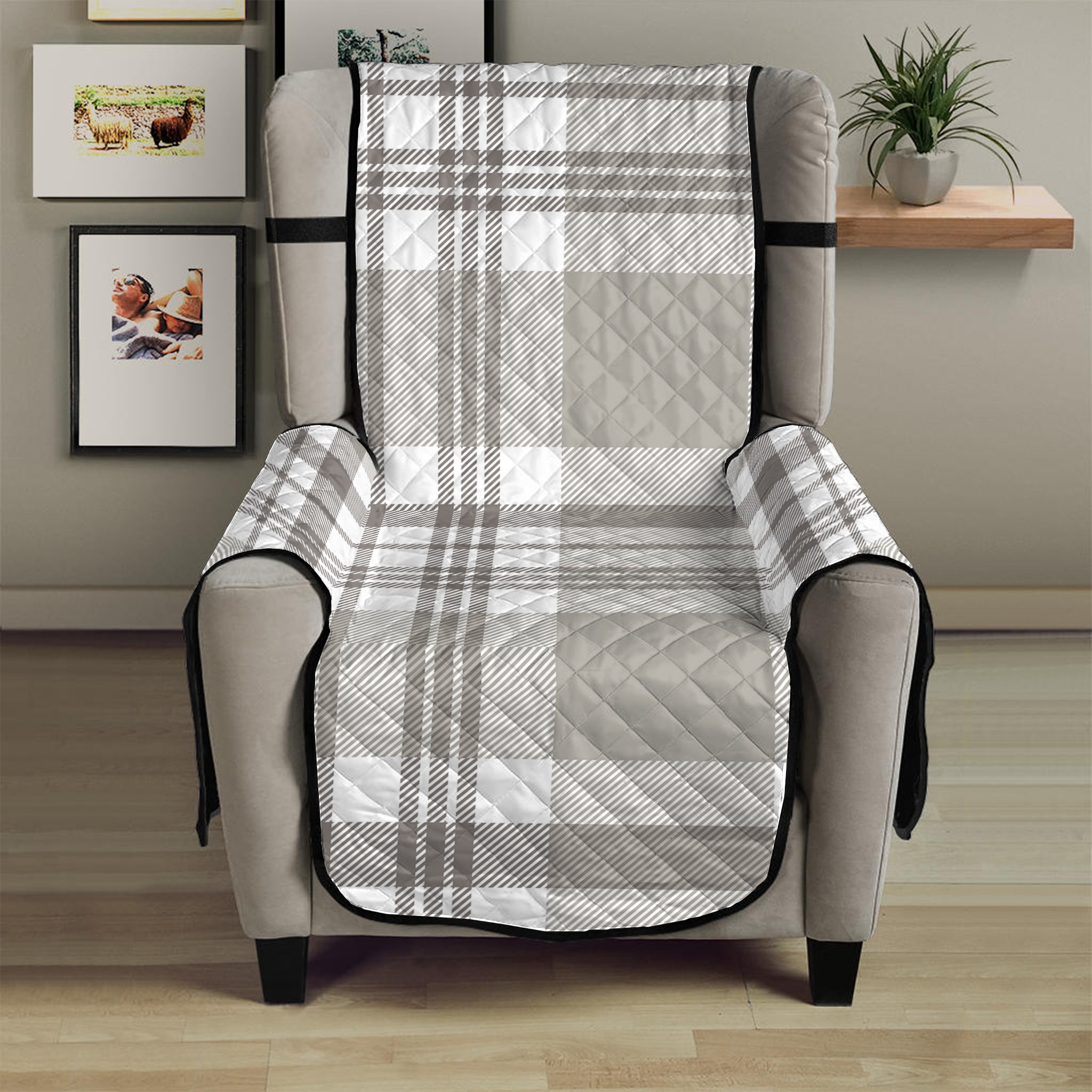 Grey And White Border Tartan Print Armchair Protector