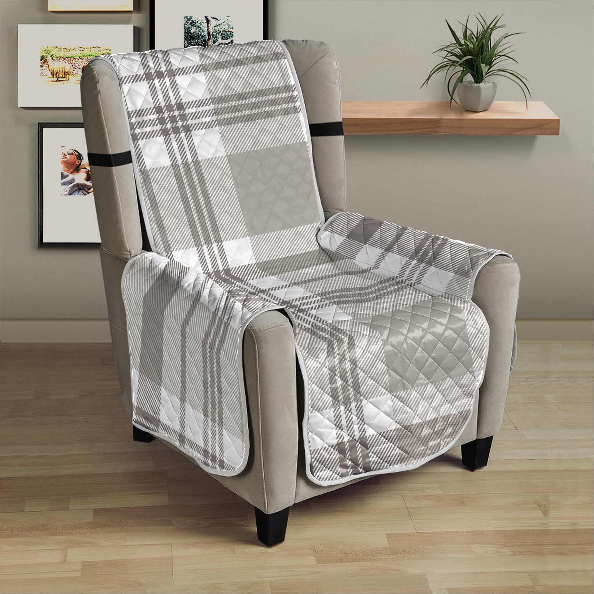 Grey And White Border Tartan Print Armchair Protector