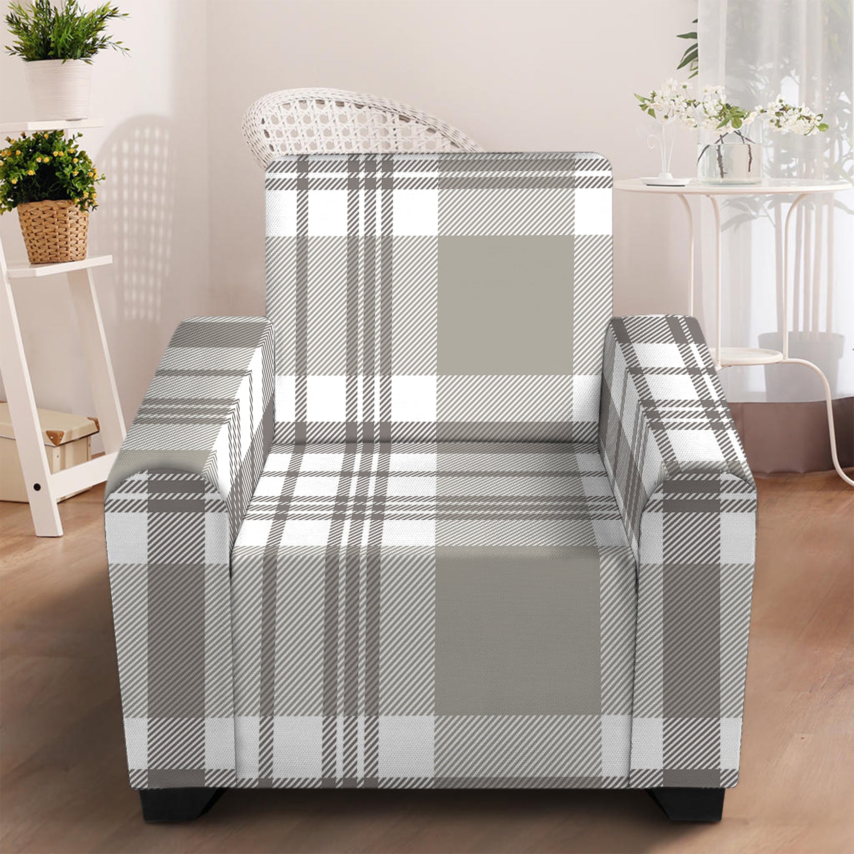 Grey And White Border Tartan Print Armchair Slipcover