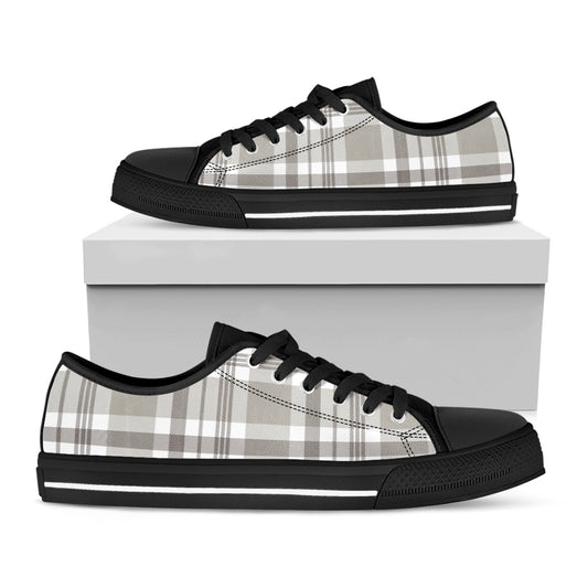 Grey And White Border Tartan Print Black Low Top Shoes