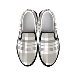 Grey And White Border Tartan Print Black Slip On Shoes