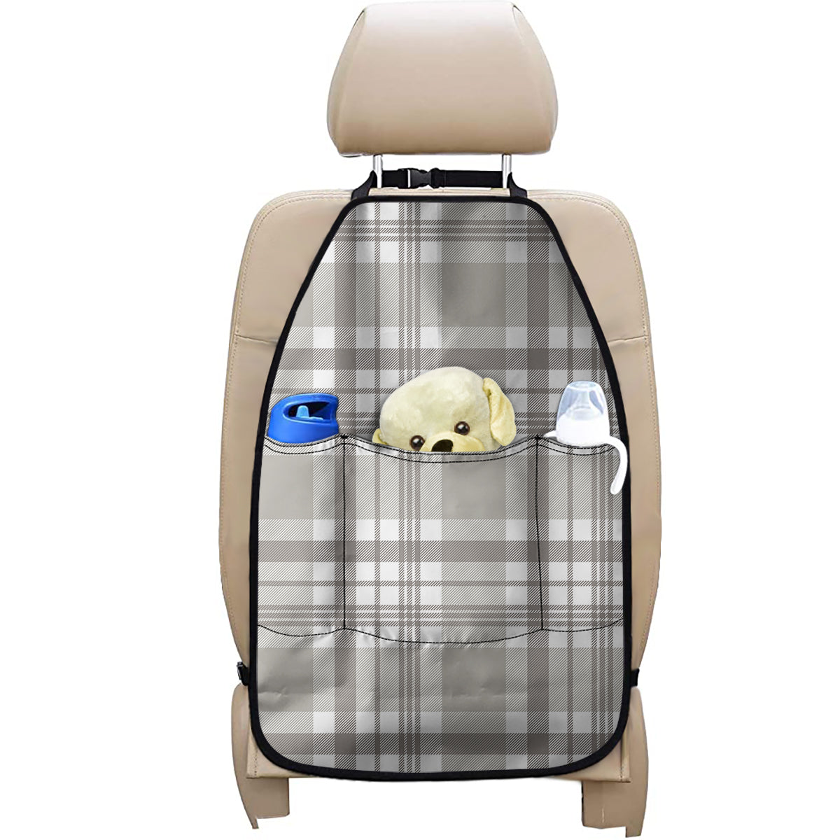 Grey And White Border Tartan Print Car Seat Organizers