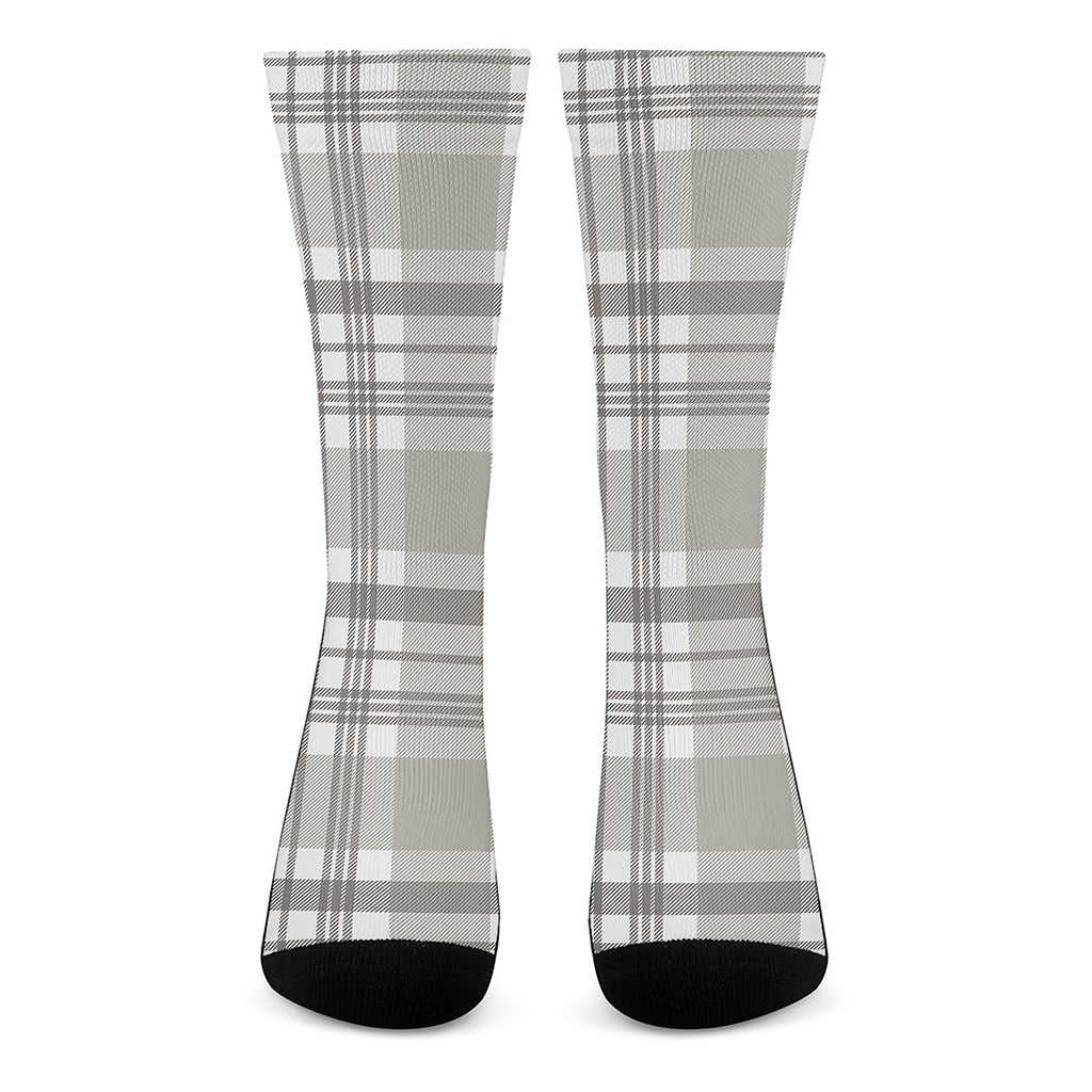 Grey And White Border Tartan Print Crew Socks