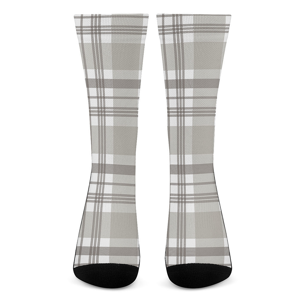 Grey And White Border Tartan Print Crew Socks