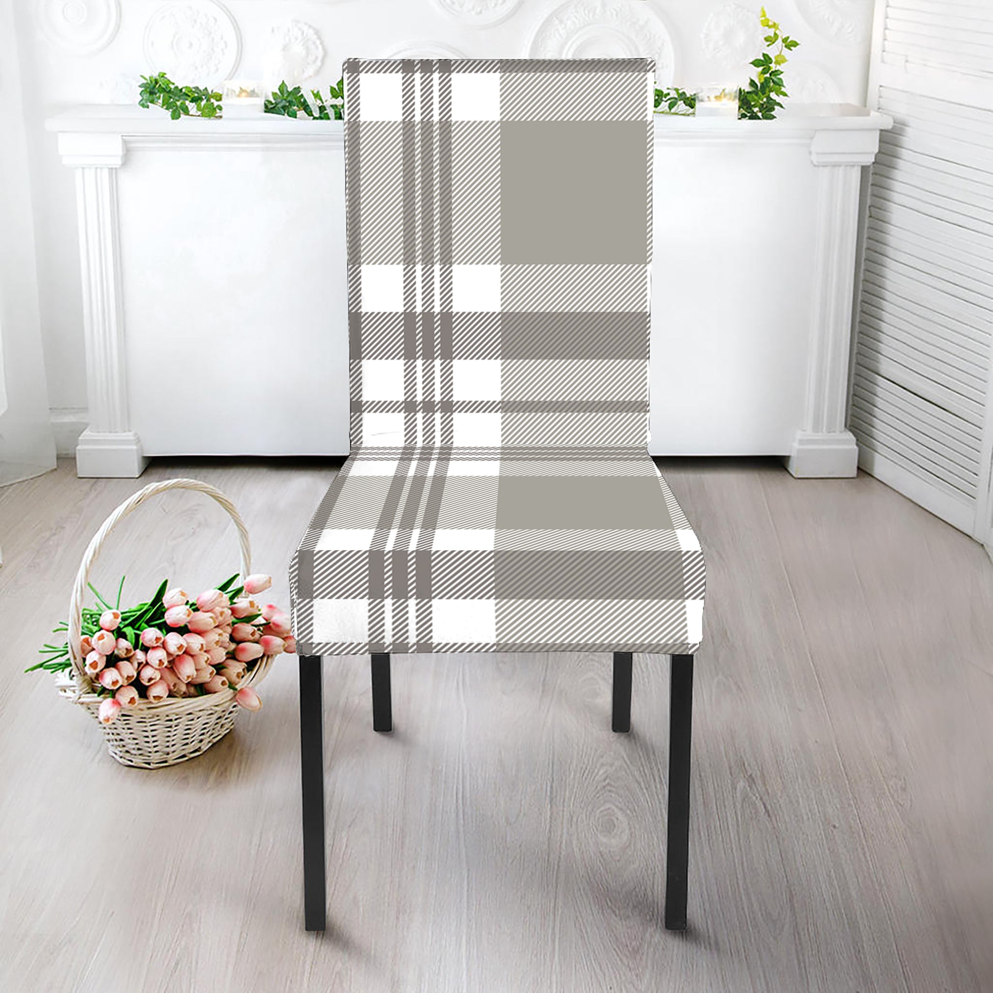 Grey And White Border Tartan Print Dining Chair Slipcover