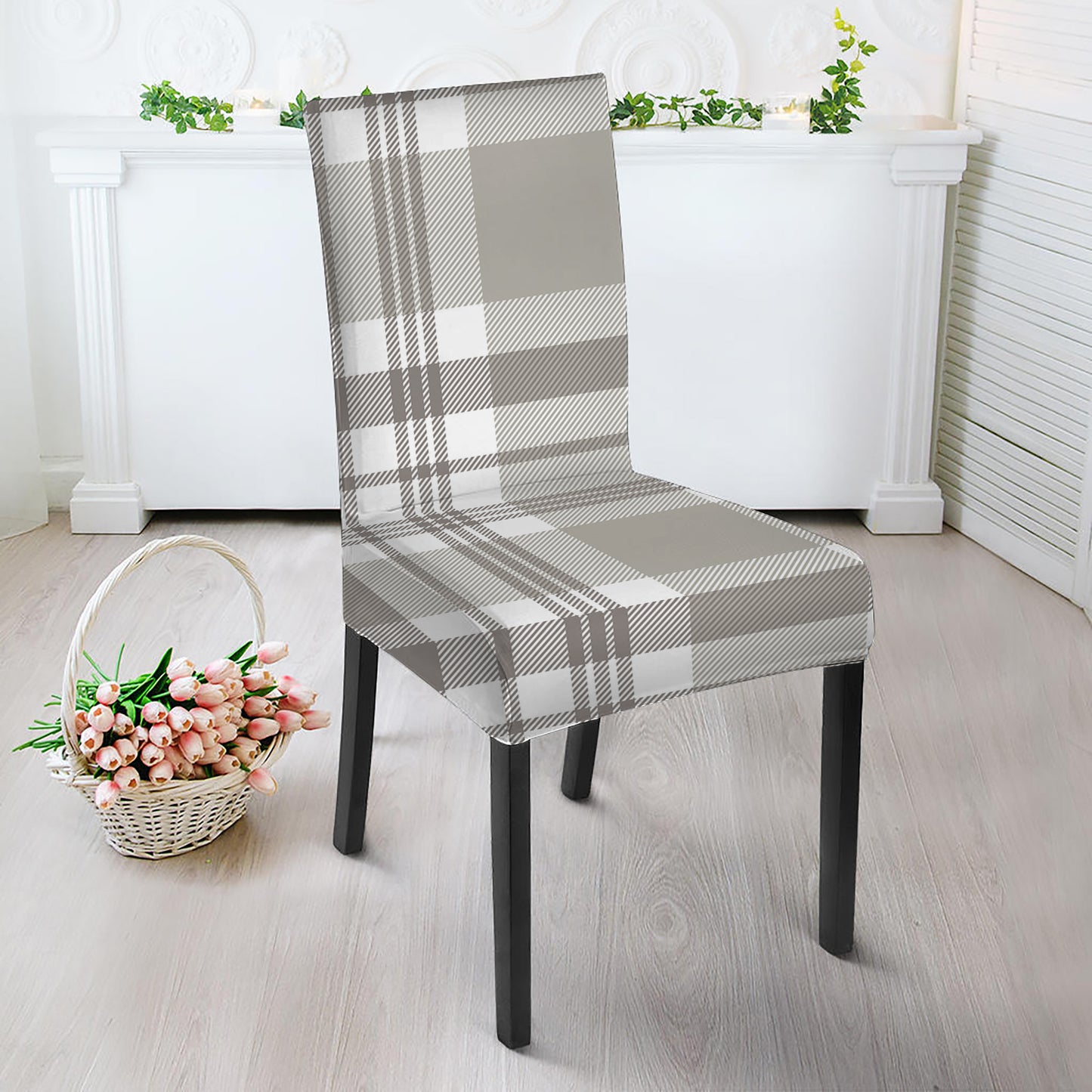 Grey And White Border Tartan Print Dining Chair Slipcover
