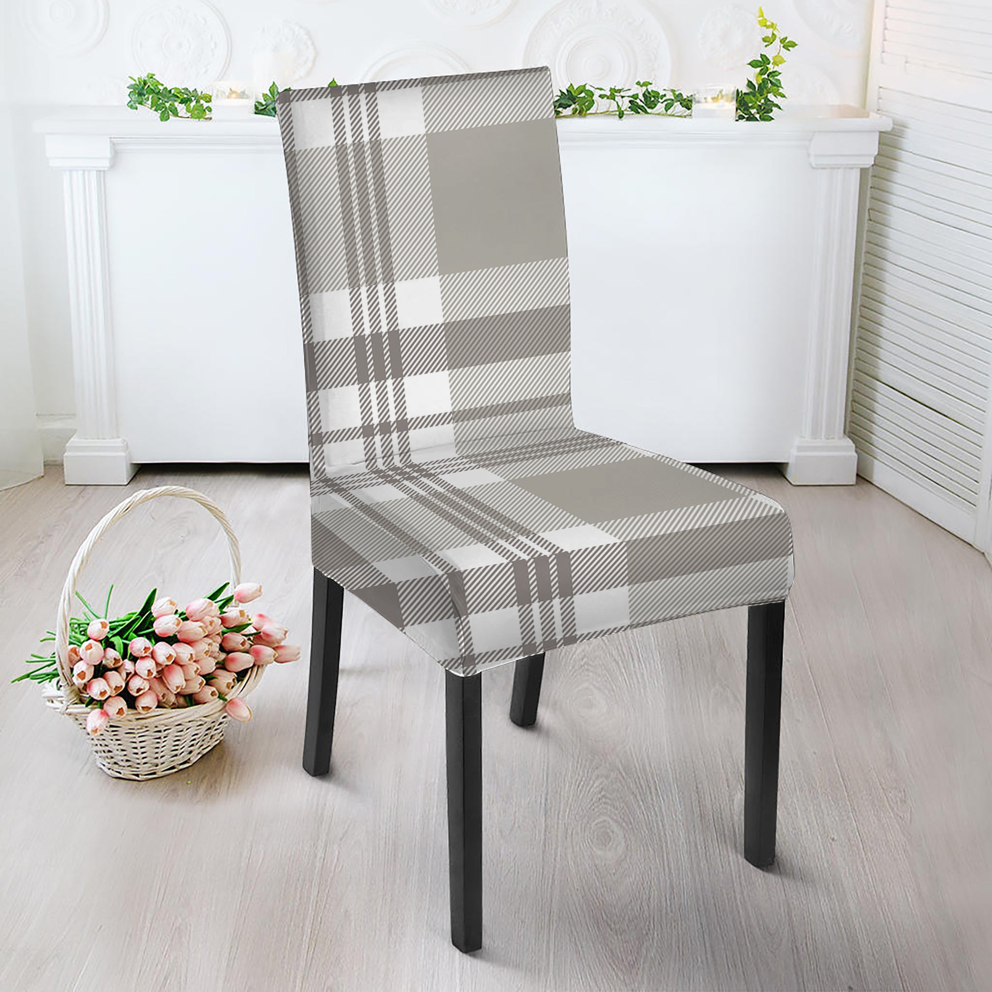 Grey And White Border Tartan Print Dining Chair Slipcover