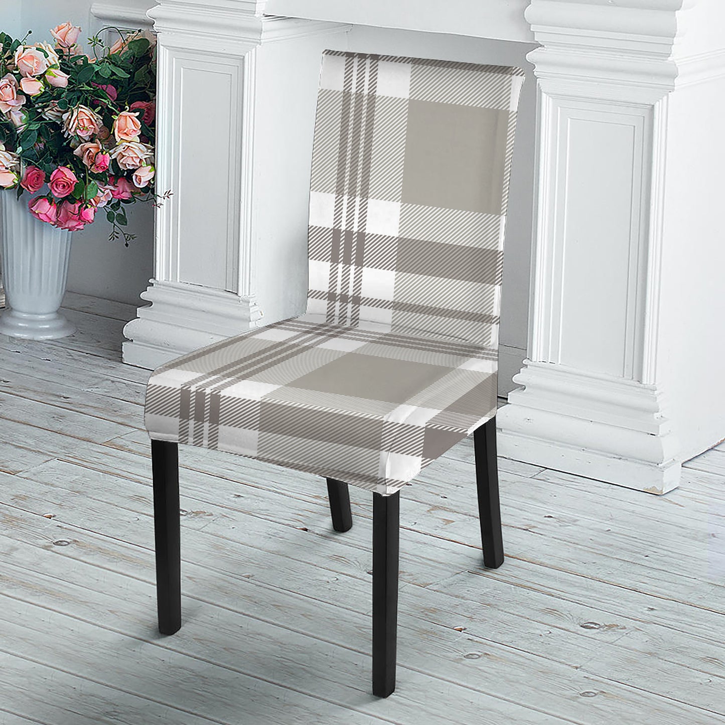 Grey And White Border Tartan Print Dining Chair Slipcover