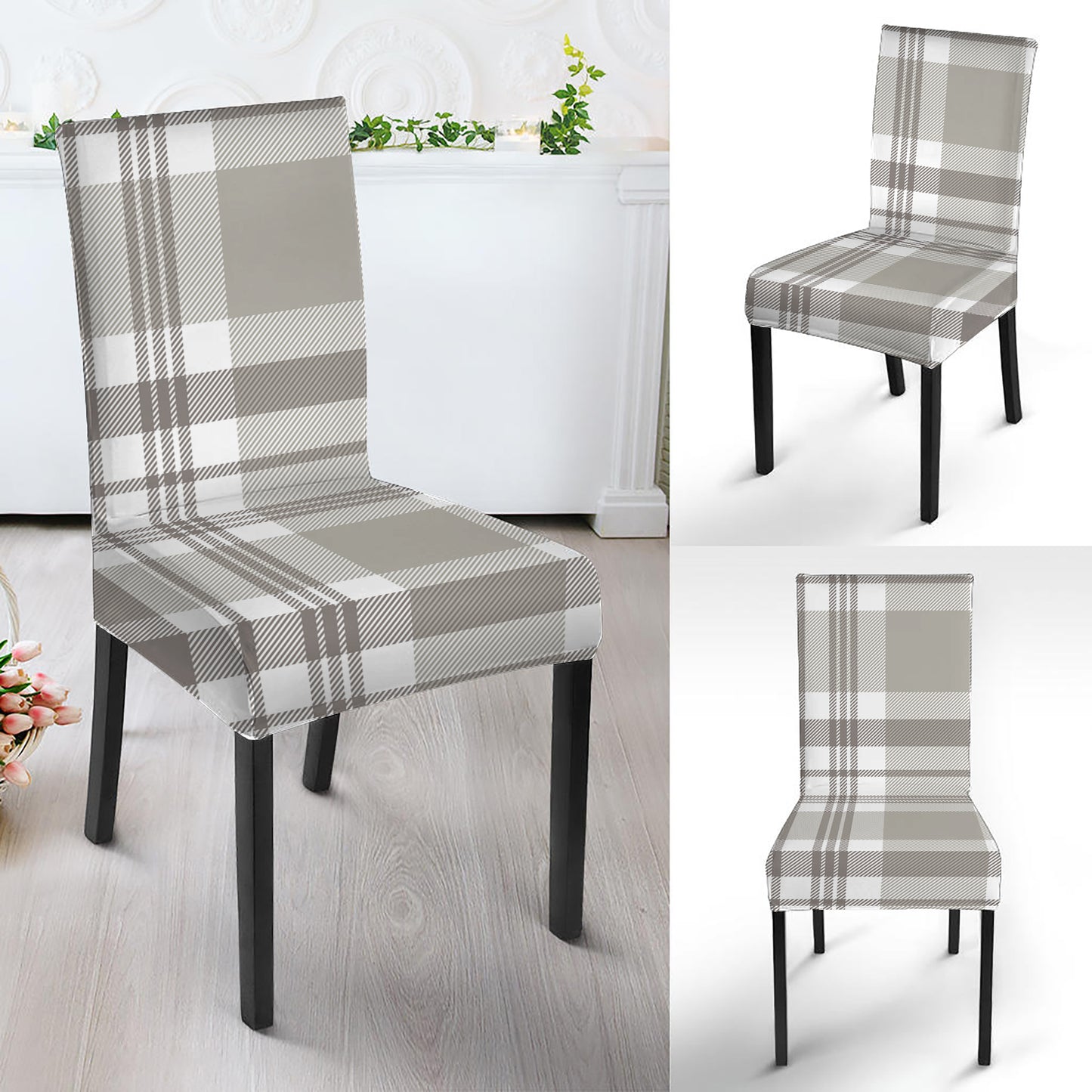 Grey And White Border Tartan Print Dining Chair Slipcover