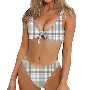 Grey And White Border Tartan Print Front Bow Tie Bikini