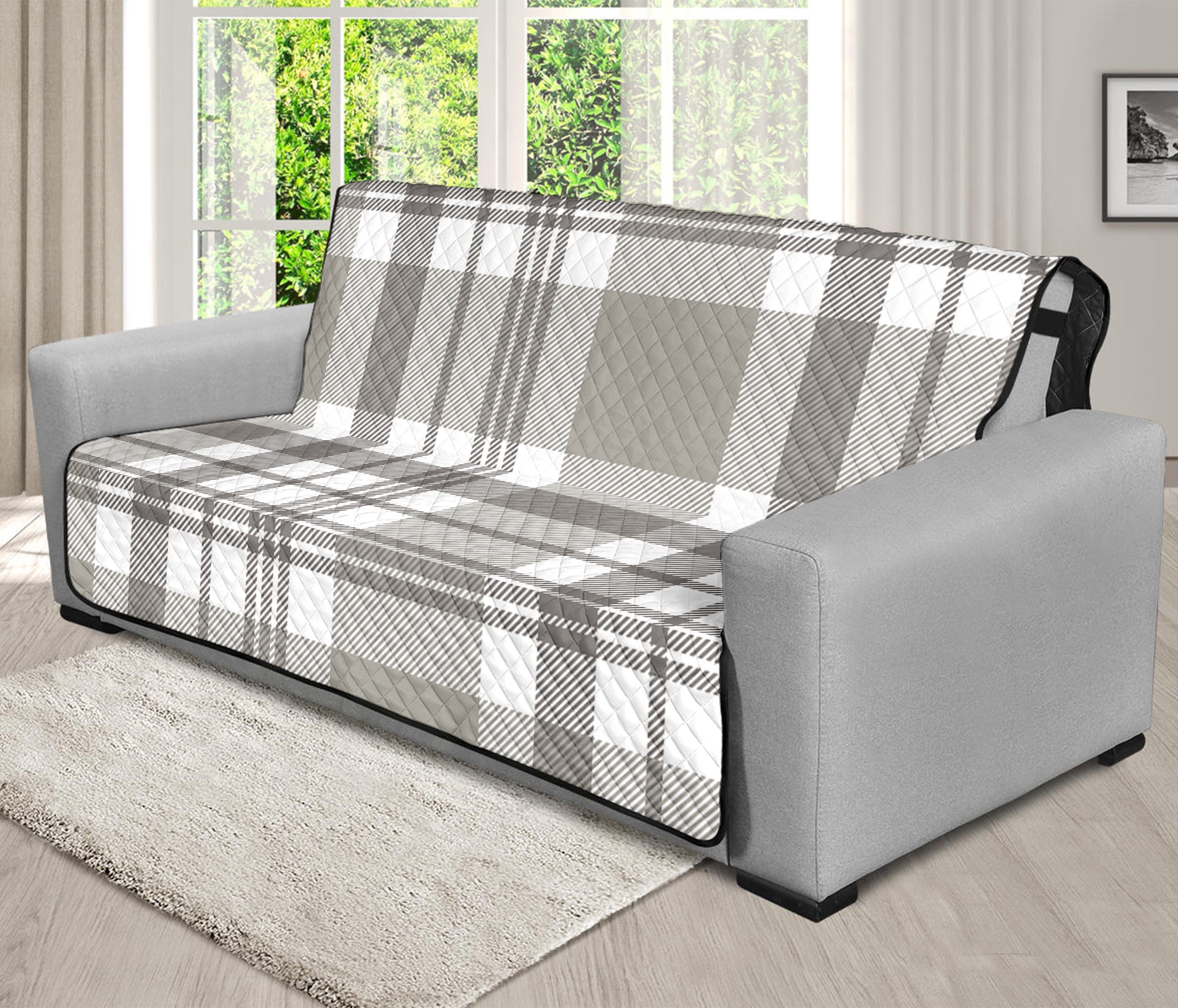 Grey And White Border Tartan Print Futon Protector