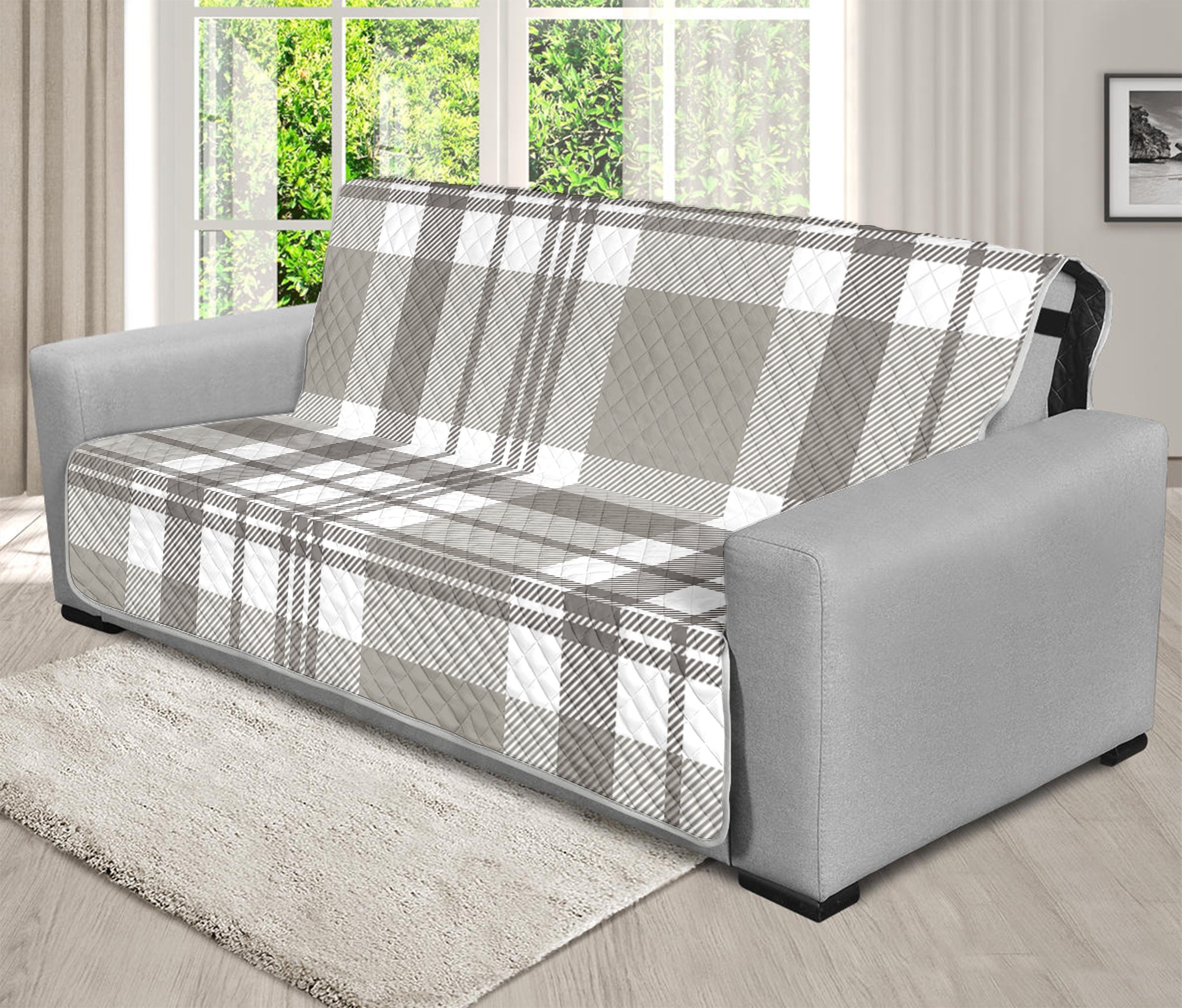 Grey And White Border Tartan Print Futon Protector