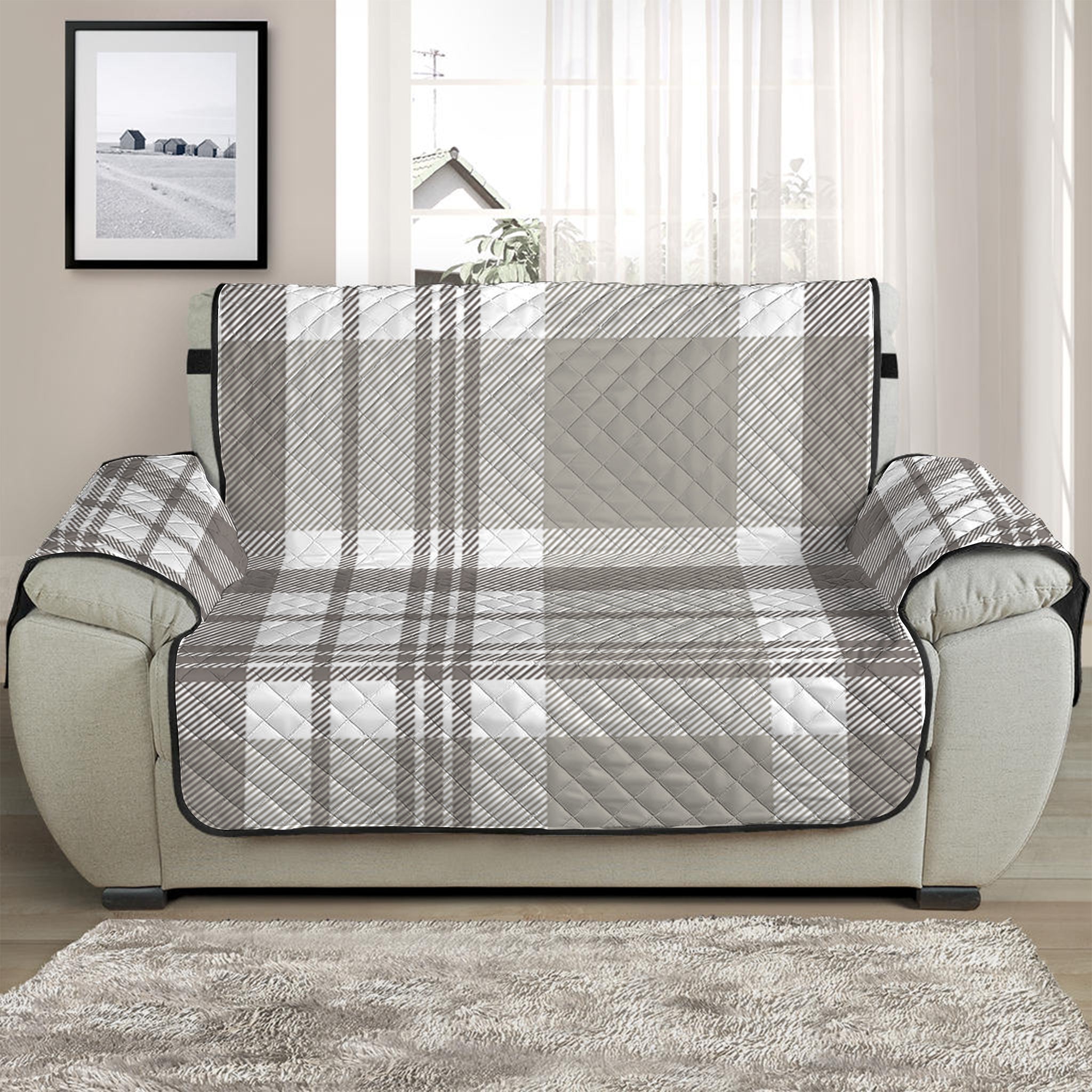 Grey And White Border Tartan Print Half Sofa Protector