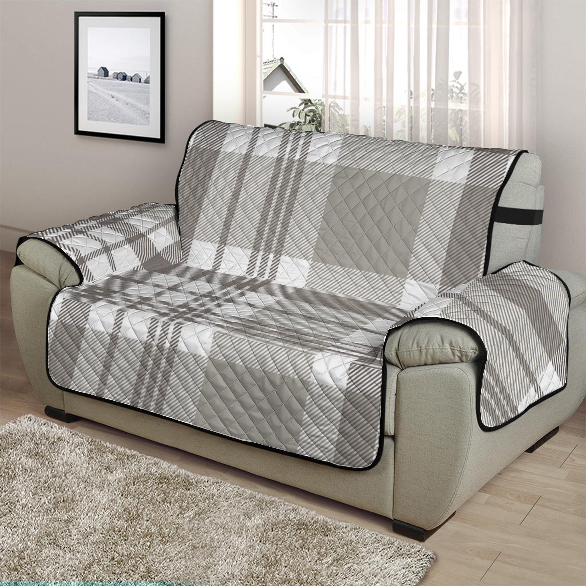 Grey And White Border Tartan Print Half Sofa Protector