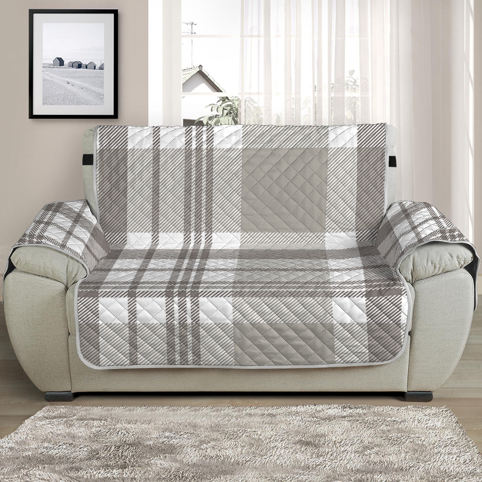 Grey And White Border Tartan Print Half Sofa Protector