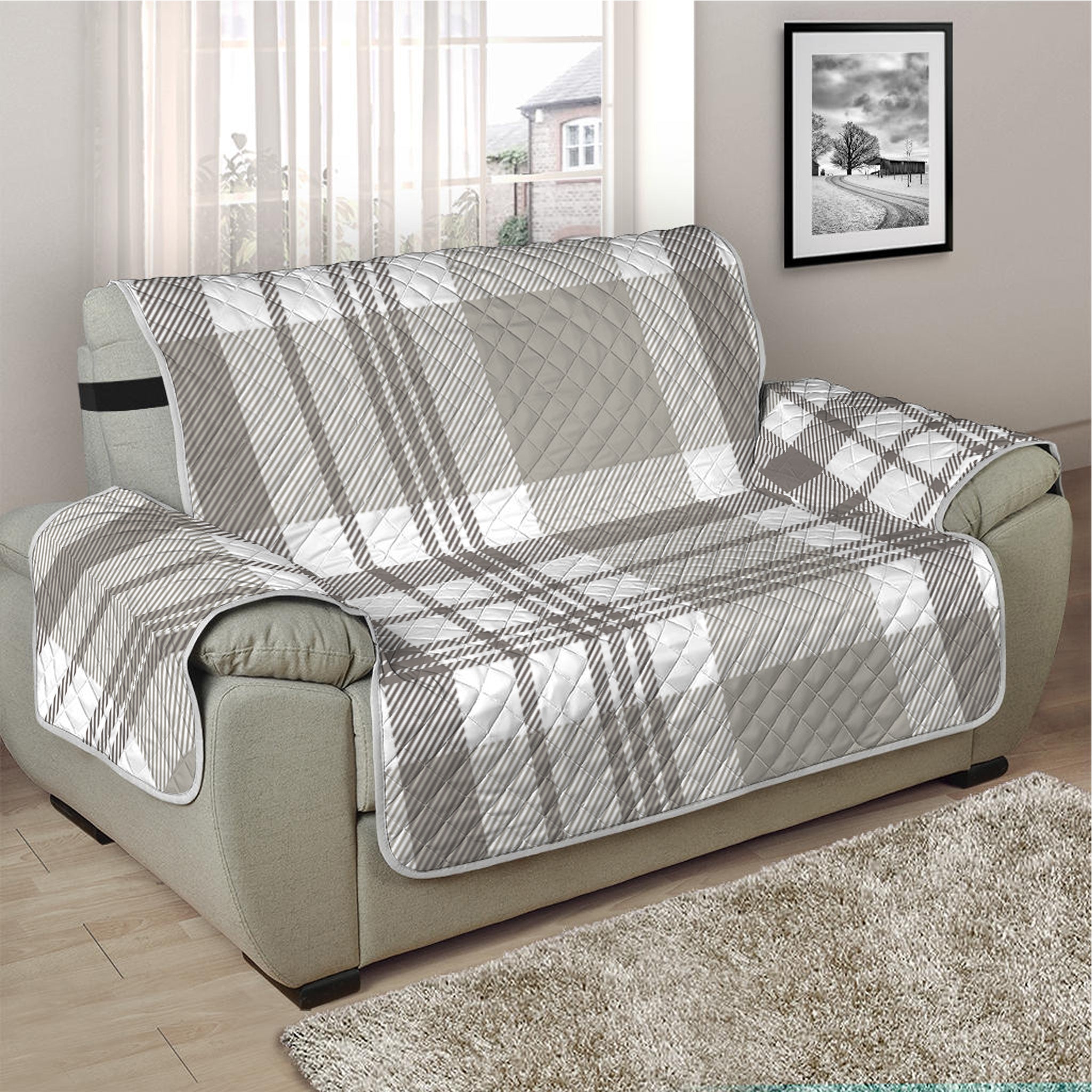 Grey And White Border Tartan Print Half Sofa Protector