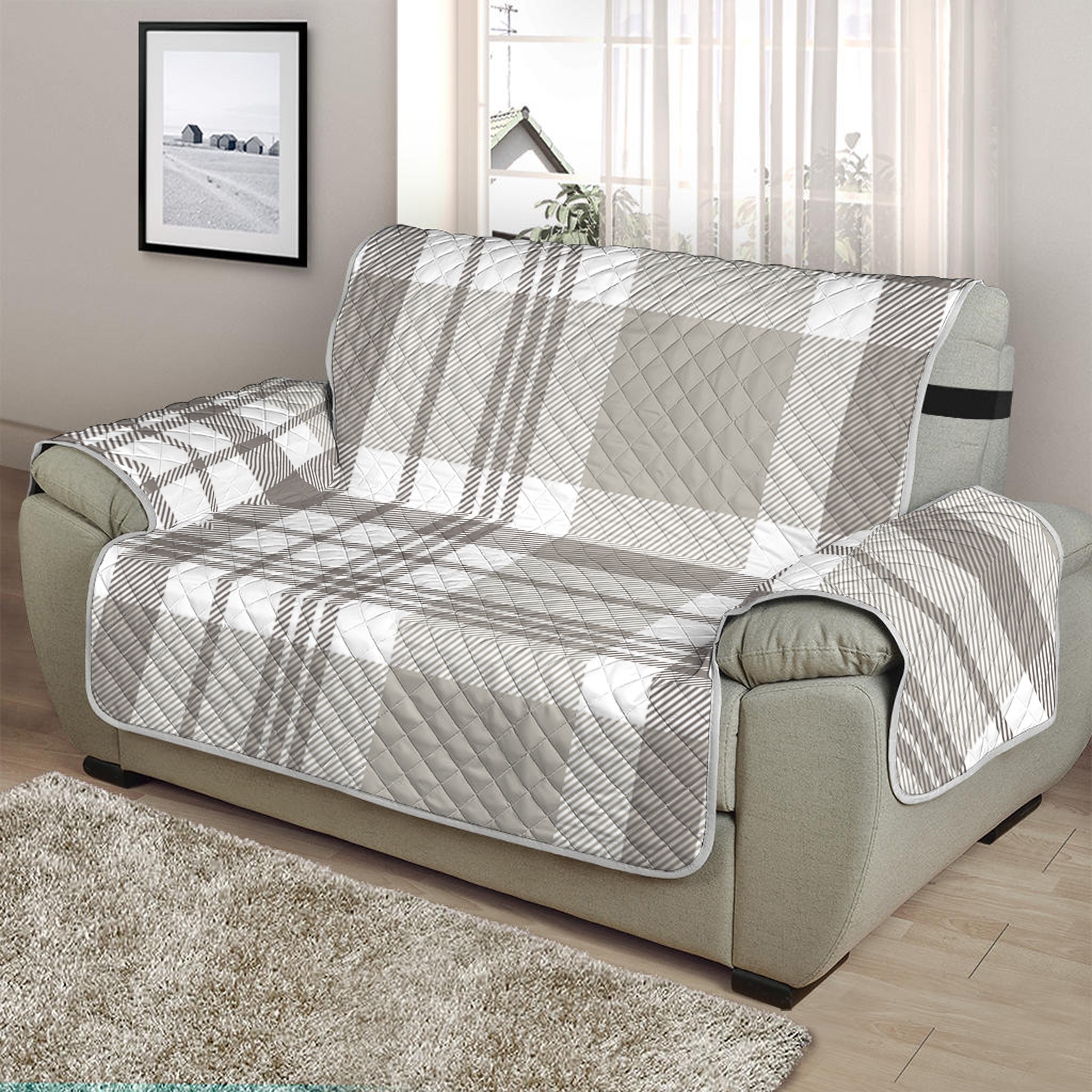 Grey And White Border Tartan Print Half Sofa Protector