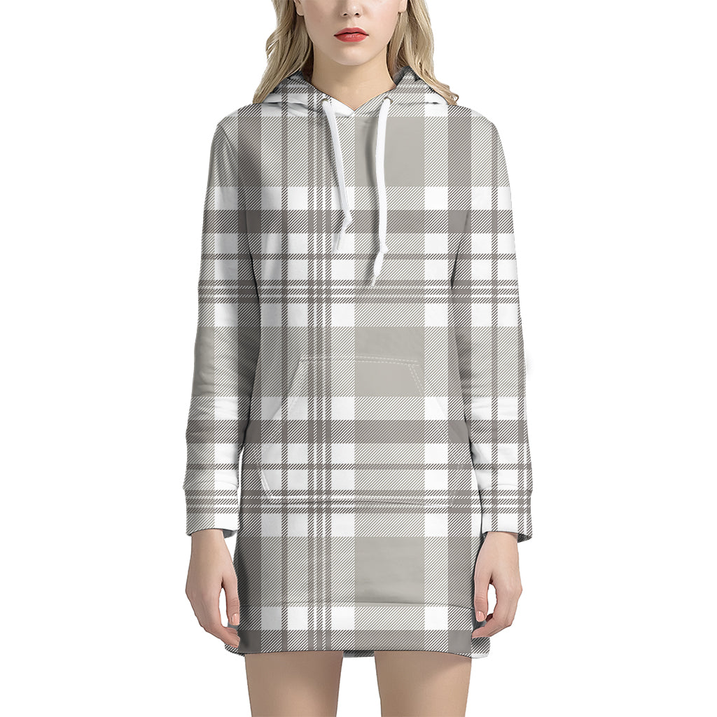 Grey And White Border Tartan Print Hoodie Dress