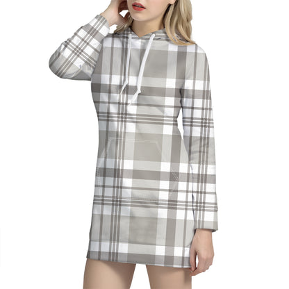 Grey And White Border Tartan Print Hoodie Dress