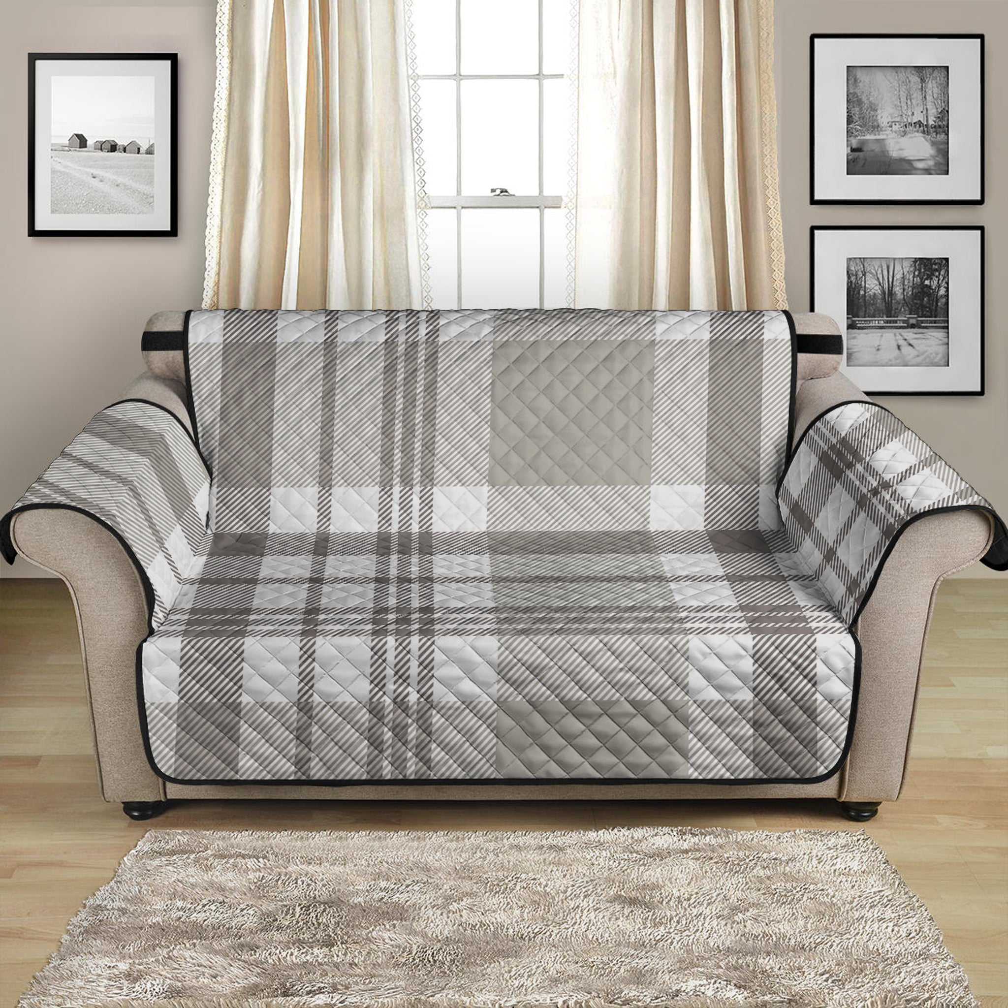 Grey And White Border Tartan Print Loveseat Protector