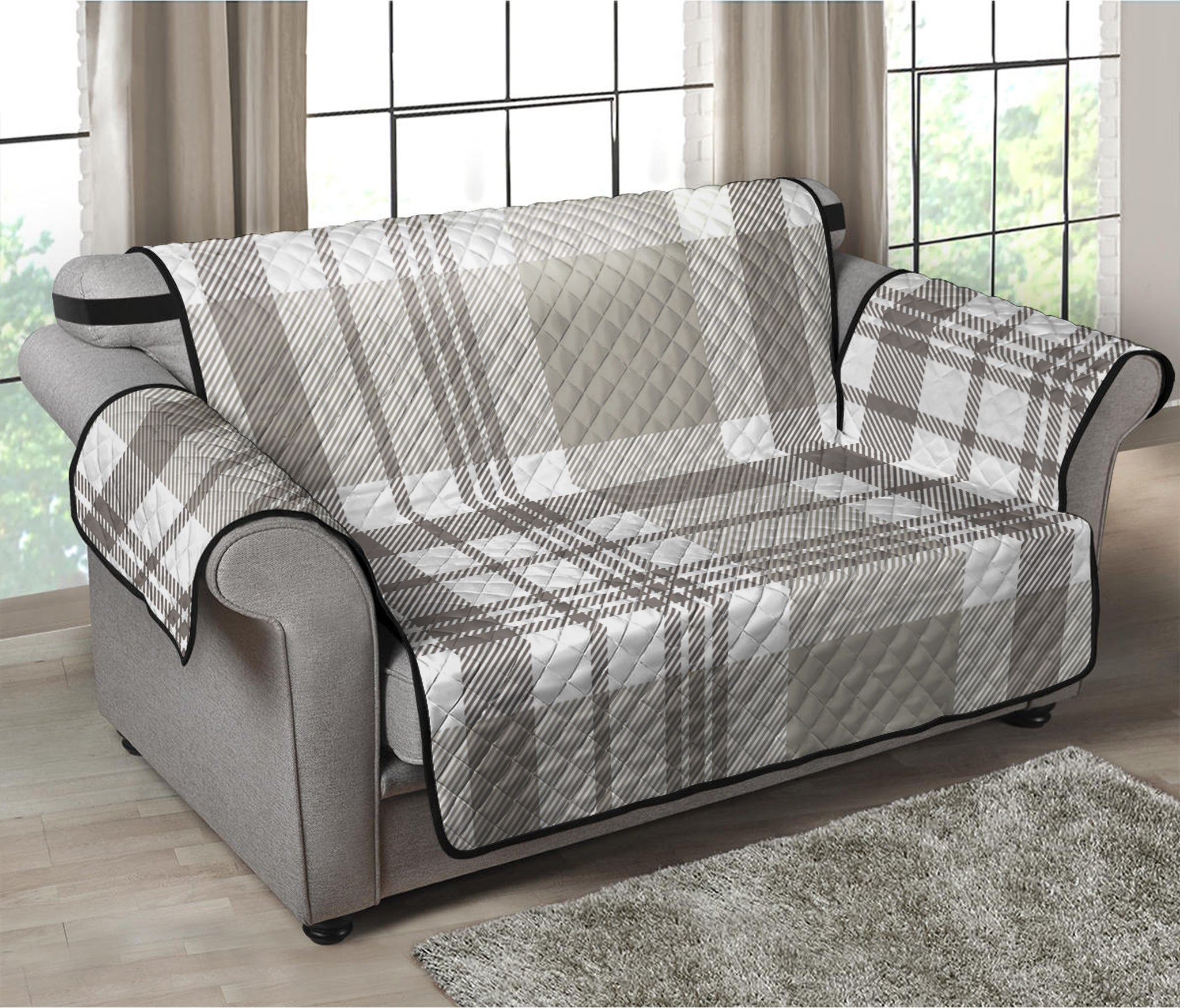 Grey And White Border Tartan Print Loveseat Protector