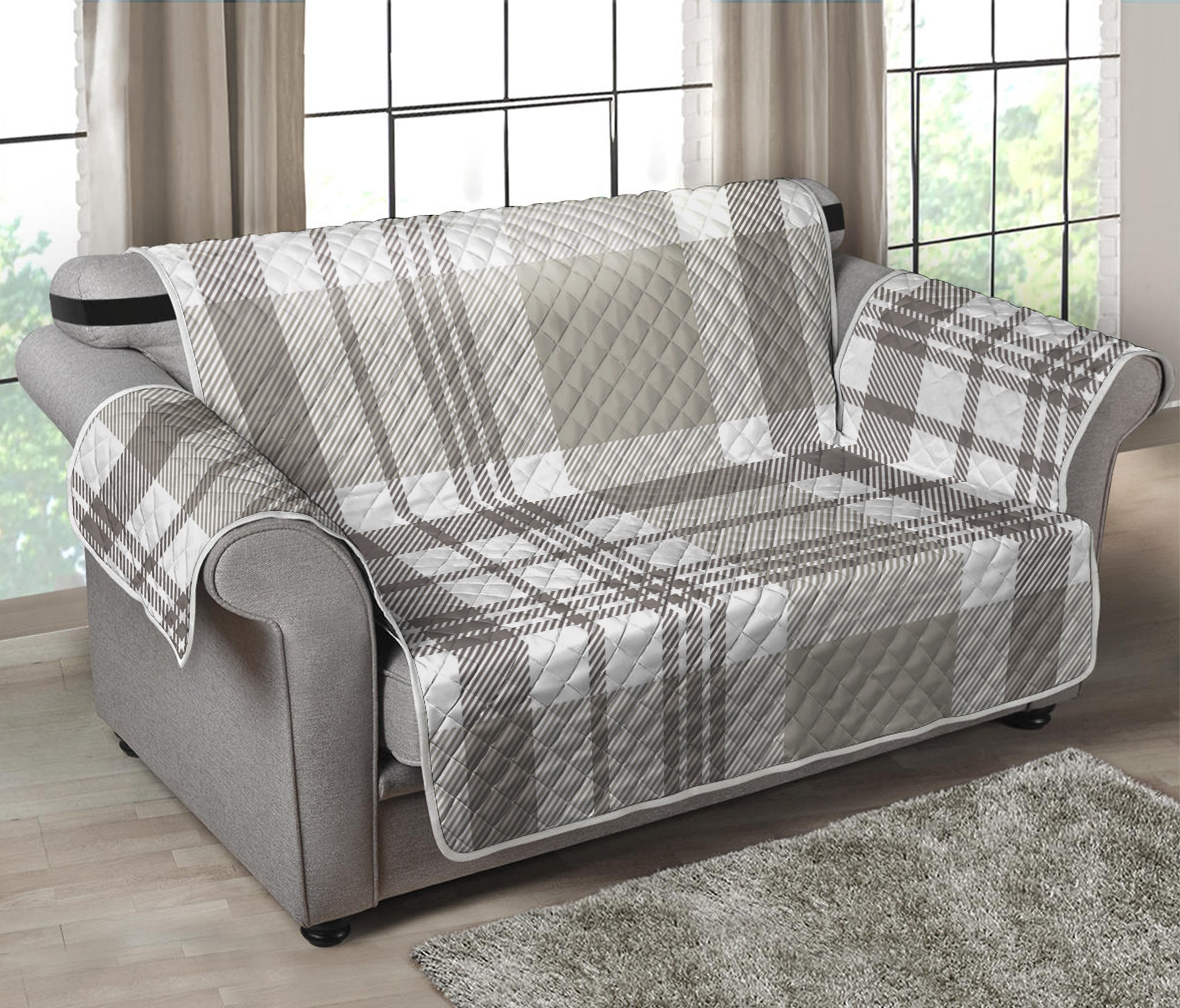 Grey And White Border Tartan Print Loveseat Protector