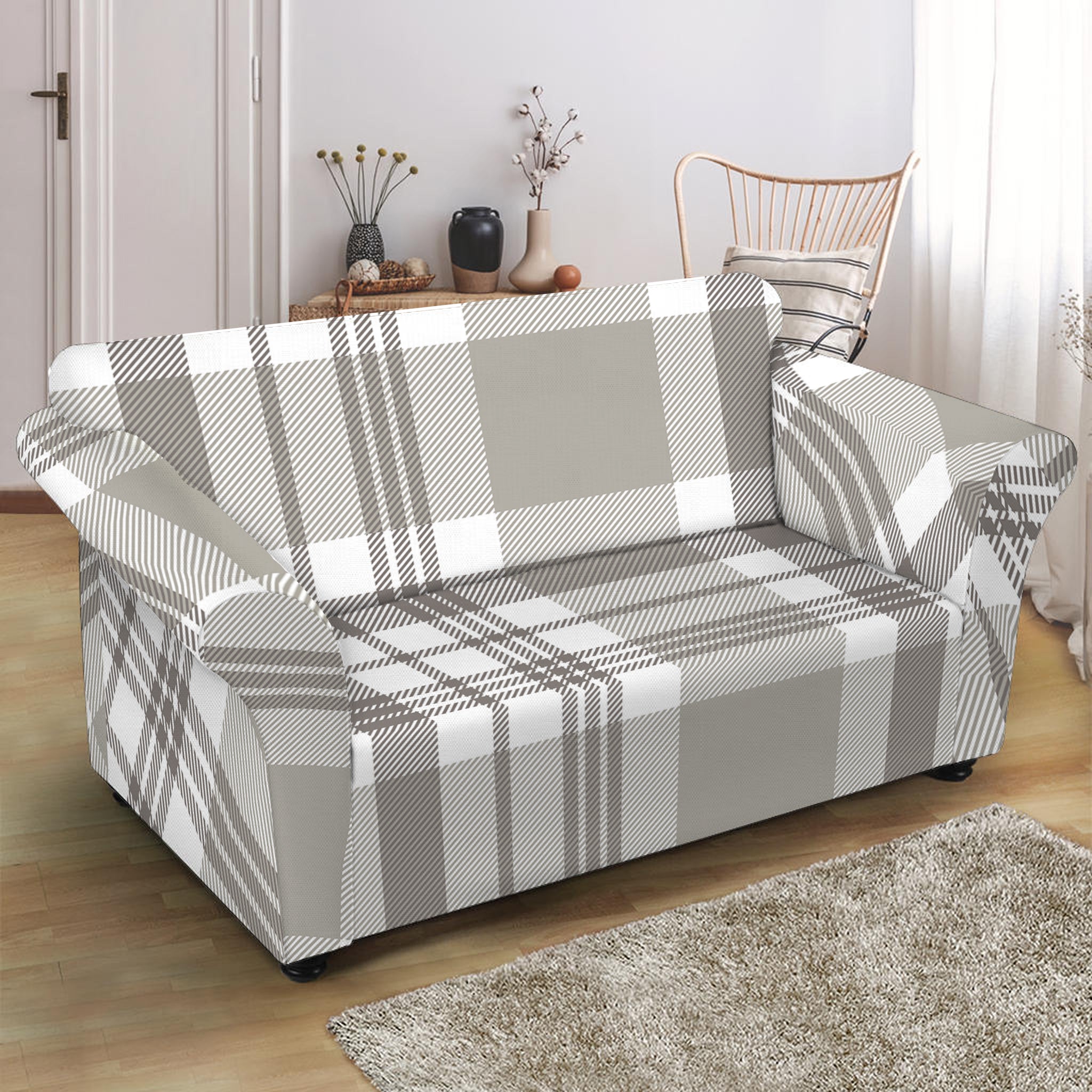 Grey And White Border Tartan Print Loveseat Slipcover