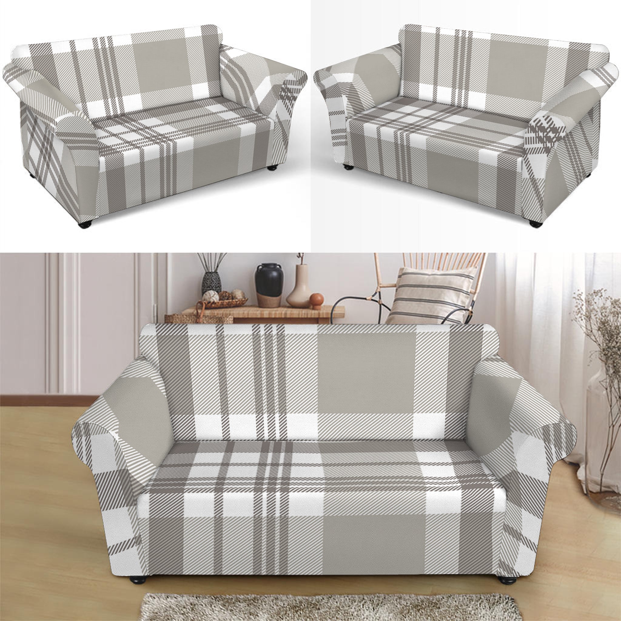 Grey And White Border Tartan Print Loveseat Slipcover