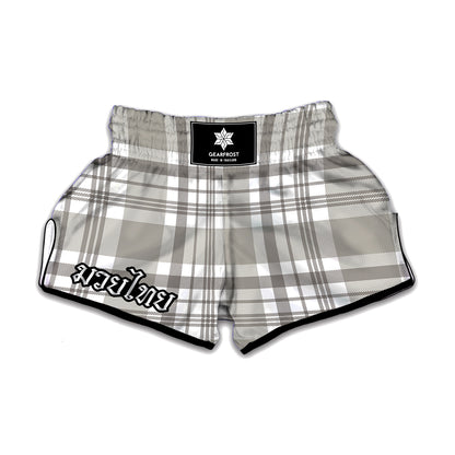 Grey And White Border Tartan Print Muay Thai Boxing Shorts