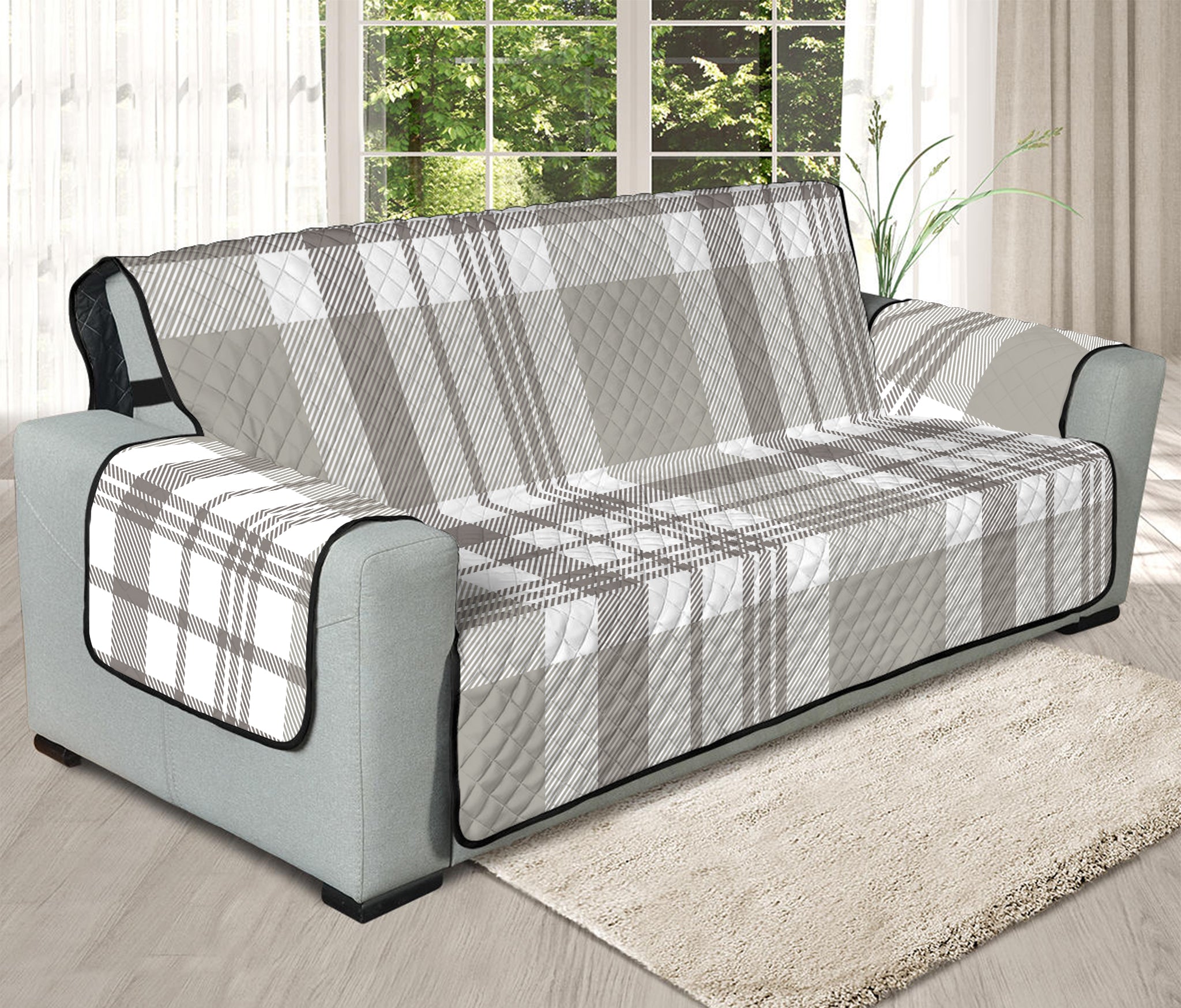 Grey And White Border Tartan Print Oversized Sofa Protector