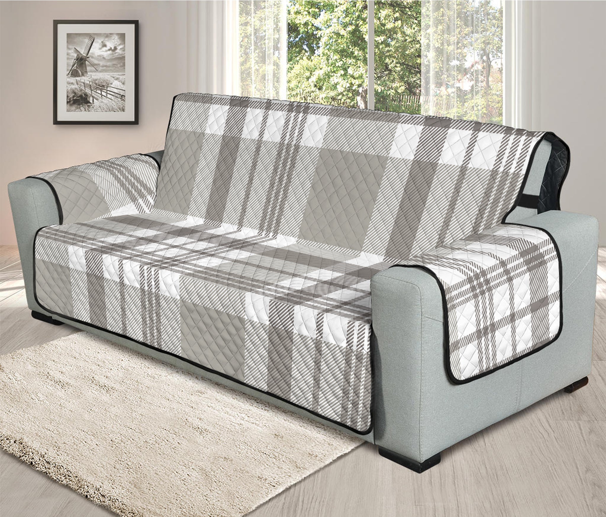 Grey And White Border Tartan Print Oversized Sofa Protector