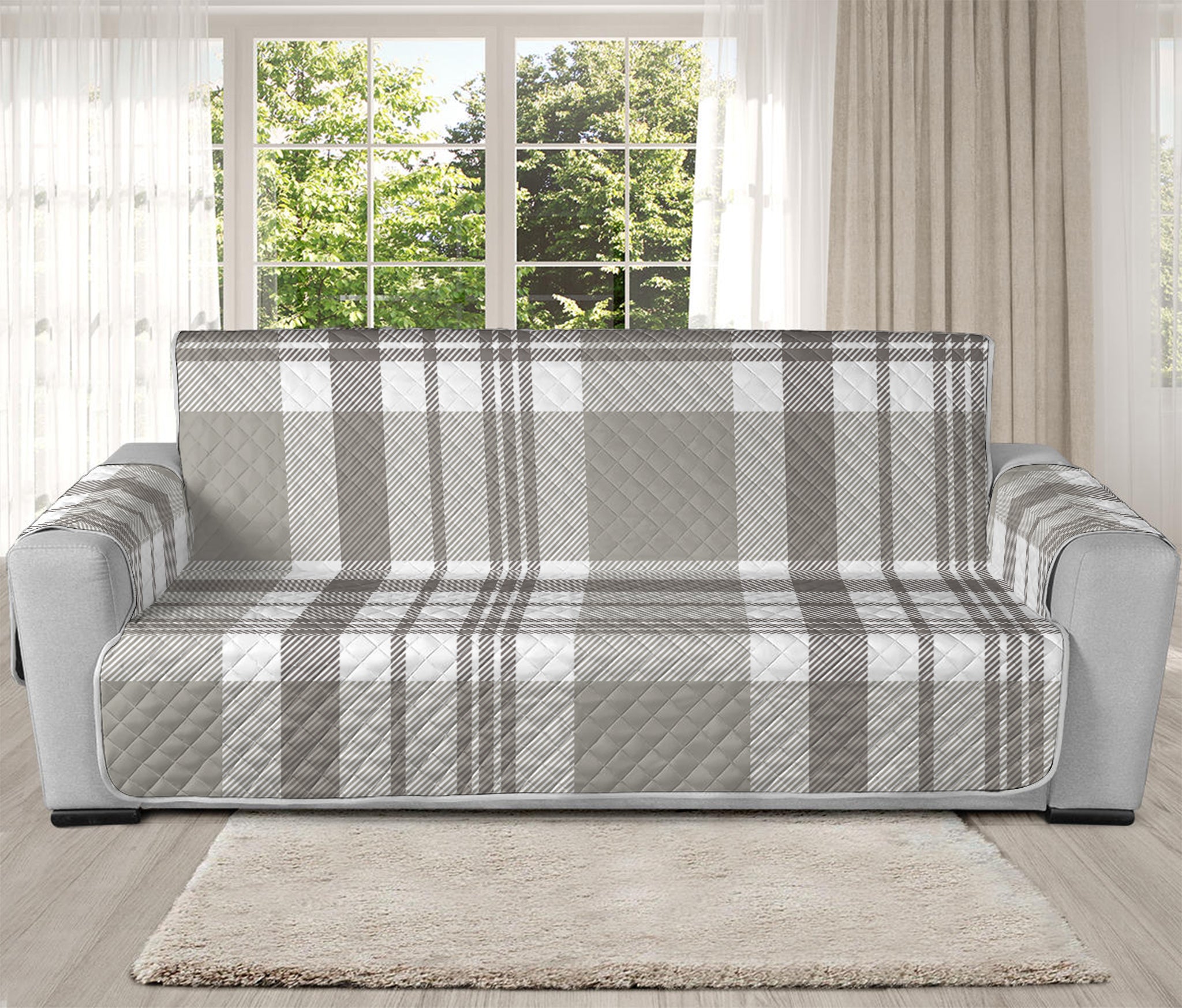 Grey And White Border Tartan Print Oversized Sofa Protector