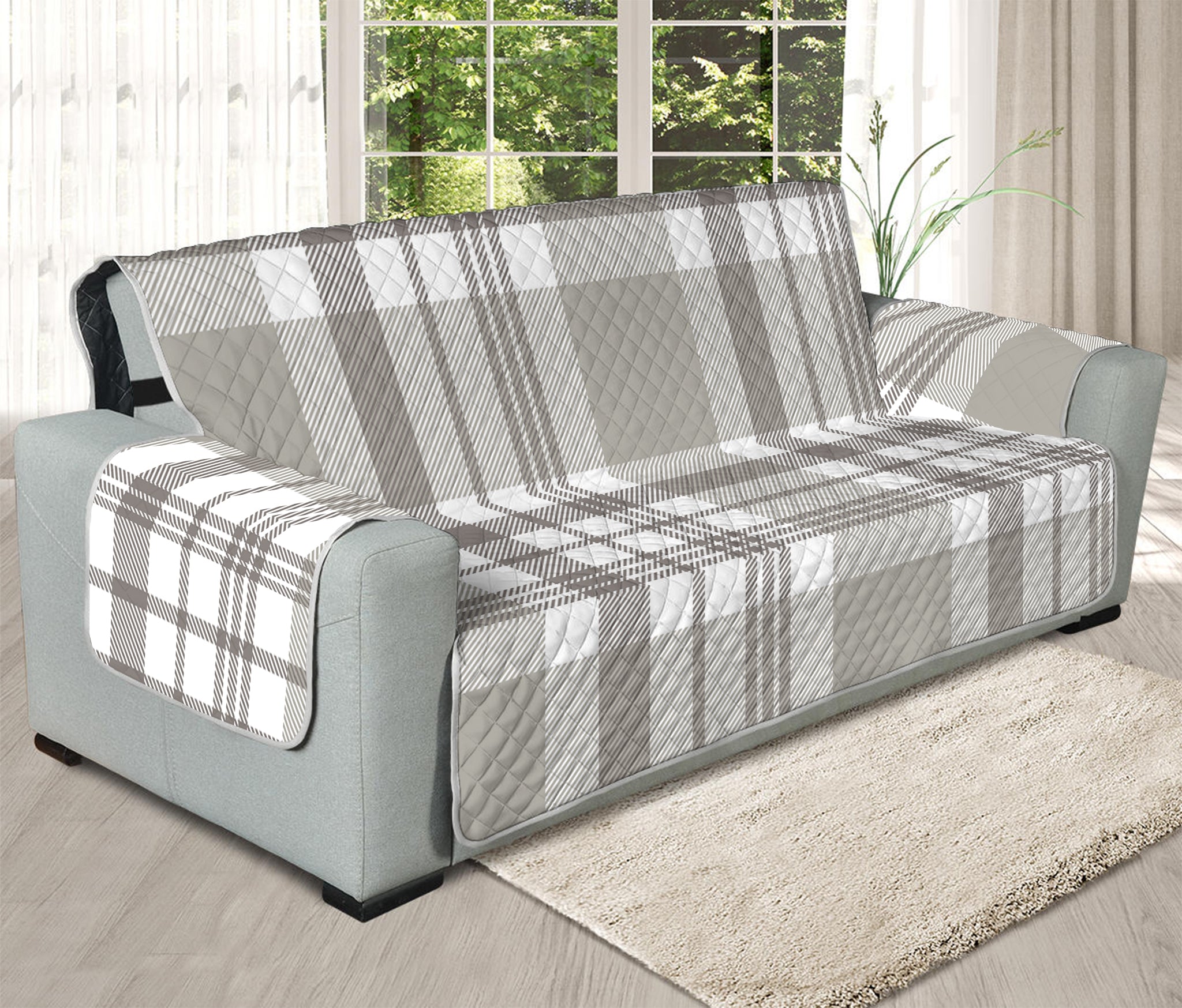 Grey And White Border Tartan Print Oversized Sofa Protector