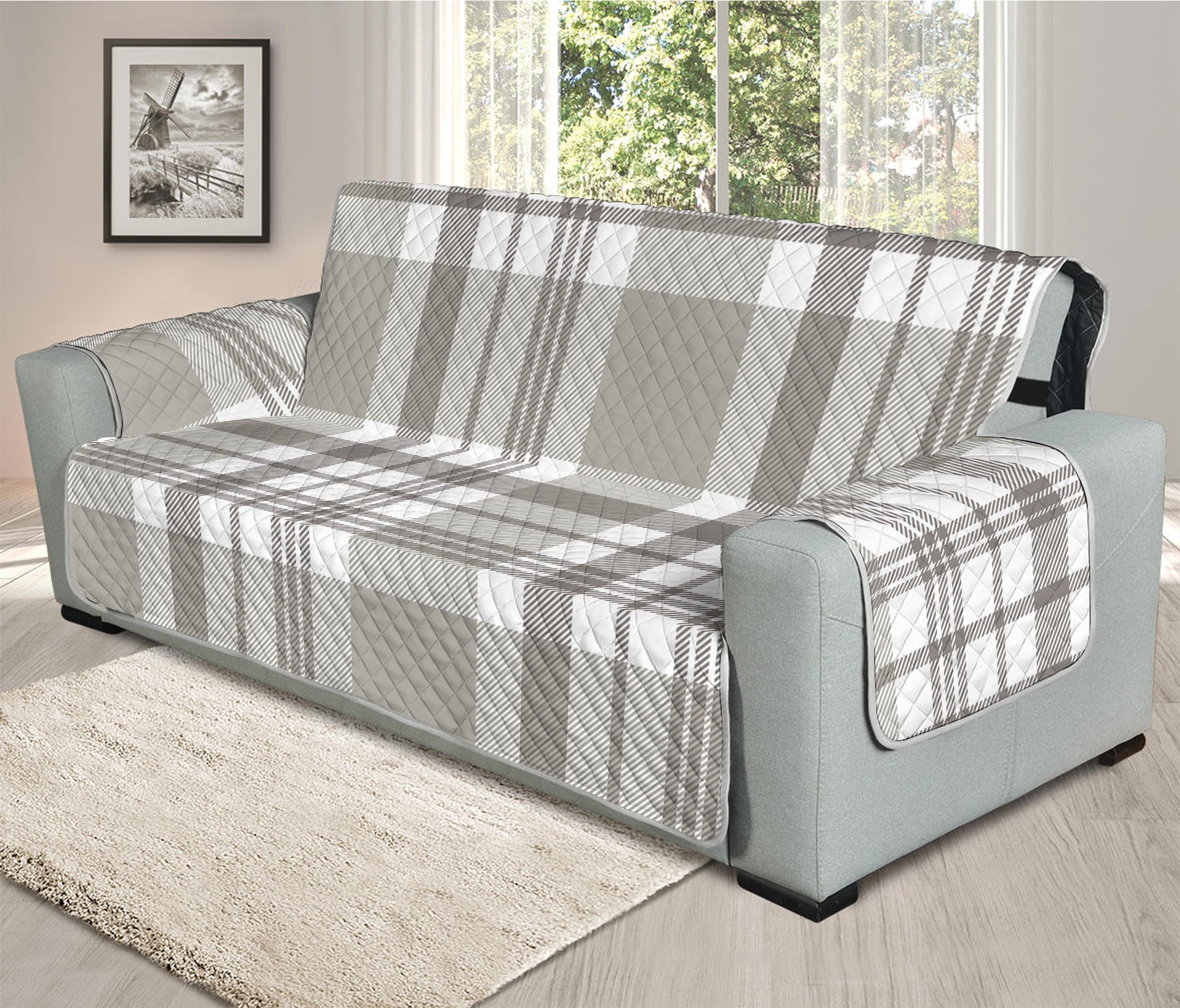 Grey And White Border Tartan Print Oversized Sofa Protector