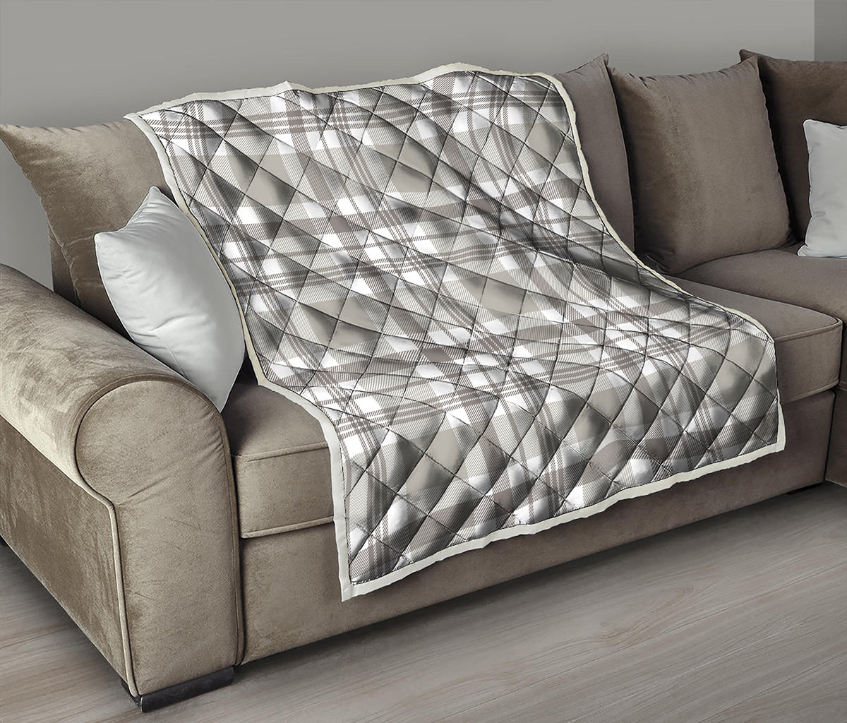 Grey And White Border Tartan Print Quilt