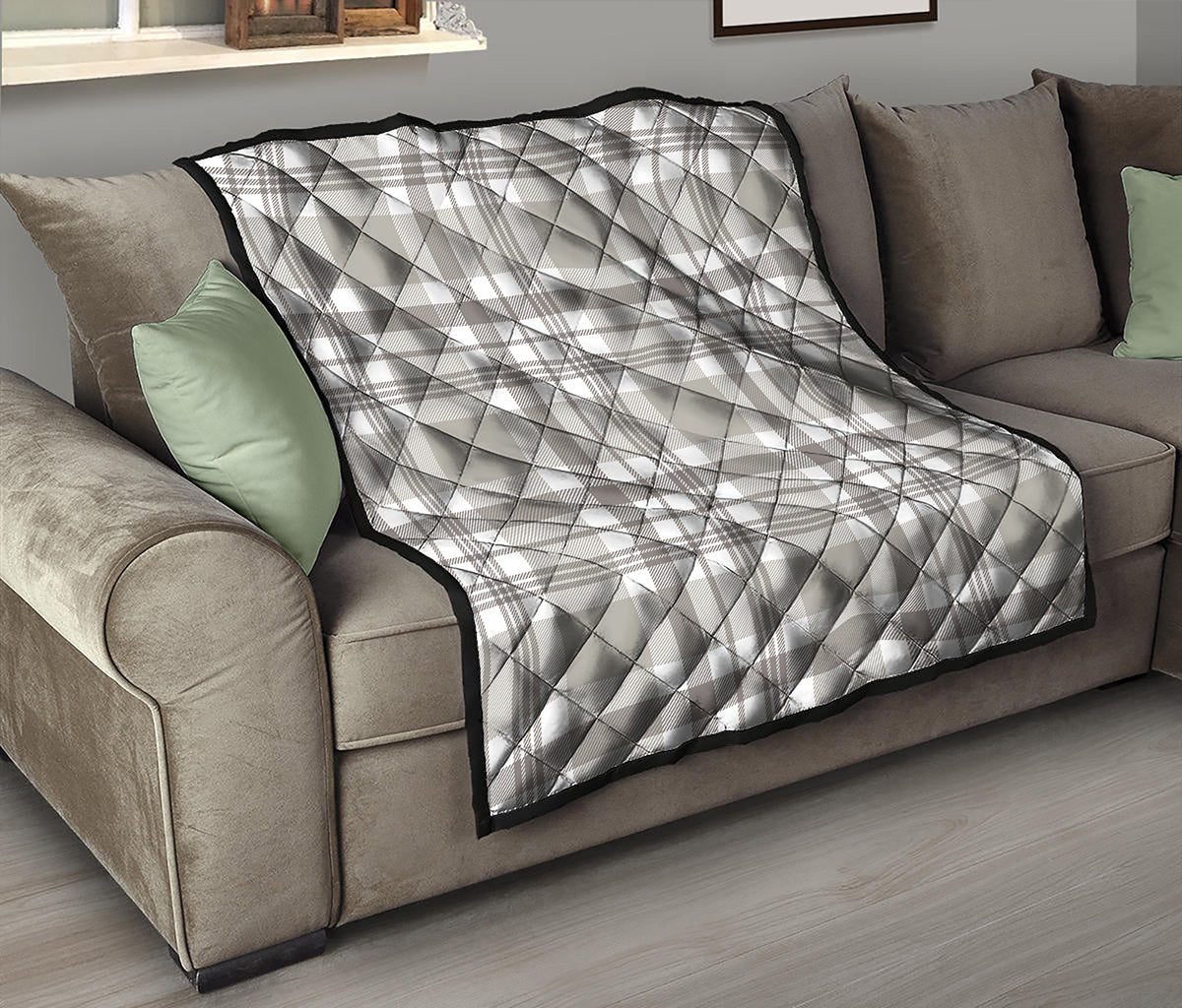 Grey And White Border Tartan Print Quilt